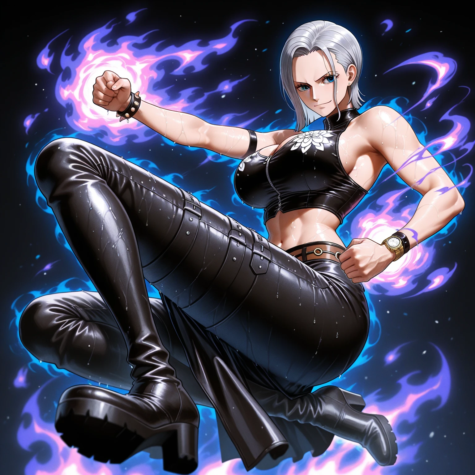 Isabella Osa\(My Wife is a Demon Queen\), (incredibly absurdres, (high resolution:1.18), intricate detail, (masterpiece:1.1), (highest quality:1.1), absurdres) BREAK (1girl, solo, portrait), ((white hair)), ((red eyes)), long hair, (detailed eyes), Read Desc, ((black coat, red shirt, black pants)), ((cinematic background)) , naked, desnuda