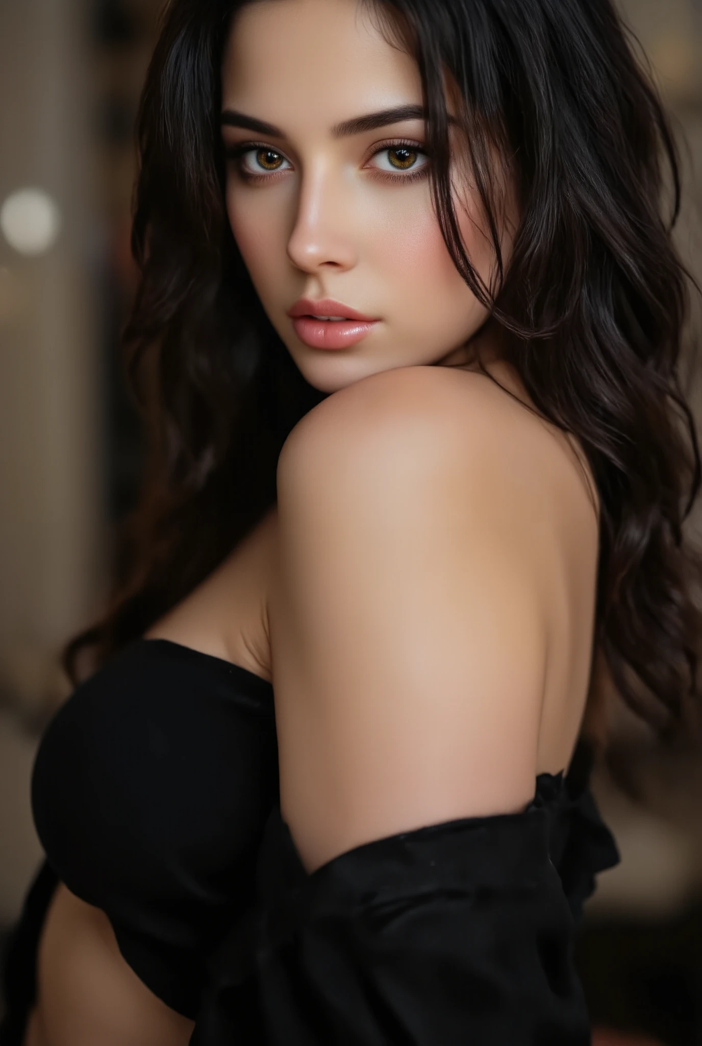 a color photo of a woman dressed in a black shirt, Right shoulder and right breast exposed, Beautiful face and beautiful woman, gorgeous beautiful woman, black dress. perfect Face, Perfect face and body, photo of a beautiful woman, Beautiful and beautiful, beautiful full breasts, Seductive, voluptuous look, Woman wants, nude, nipple