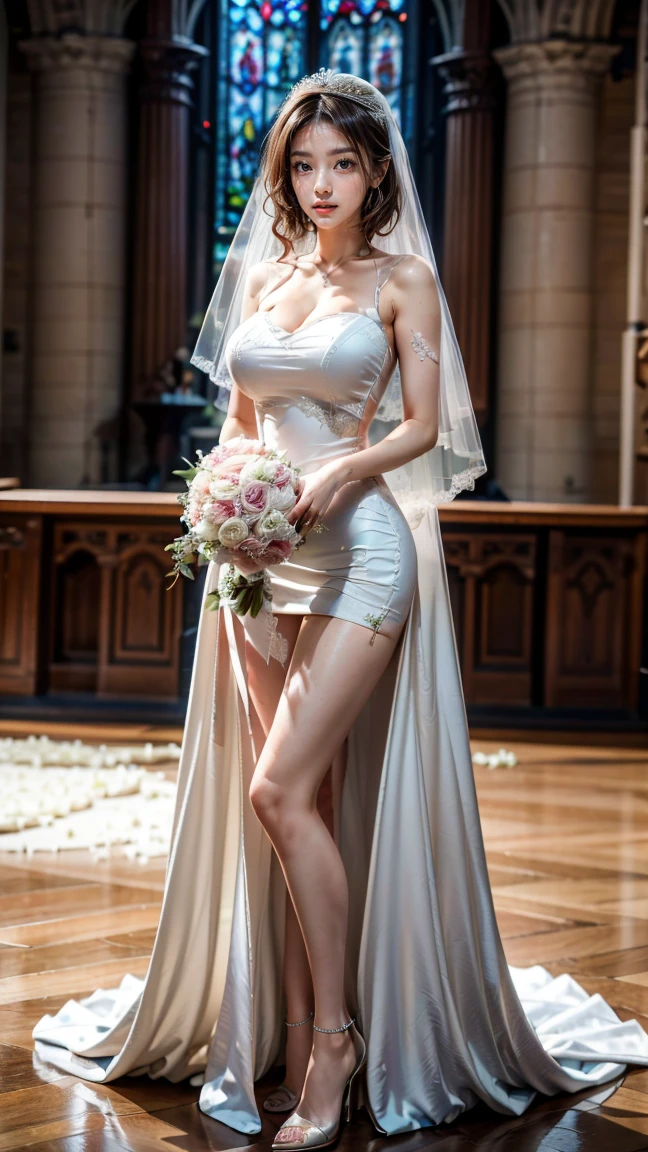 (in 8K、Raw photography、Highest Quality、realisitic、Hphotorealistic、Professional lighting、masterpiece、extremely delicate and beautiful、Highly detailed、finely detail、ultra-detailliert、hight resolution、Whole human body、low angles)、1girl in、独奏:2、(A beautiful and tall bride、At the banquet near the stage of the reception、Wearing a prom dress、Sitting on a chair with her crotch open and deliberately showing her panties:2)、Being photographed by invited guests、long legged、Opening legs:3、small tits:3、美丽的面容、Realistic body、Textured skin、japanese lady、Brown hair、Long body、Height is 170 cm、Weight is 60 kg、Lean proportions、Model body type、Detailed finger、extremely detailed eye and face、beautidful eyes、long eyeslashes、short skirt prom dresses、Raw feet、High heel、Wet lace white underwear、White panties can be seen from inside the skirt:3、Wedding dresses do not take off:2、The shape of the woman's pubic area is clearly visible、witheout panties