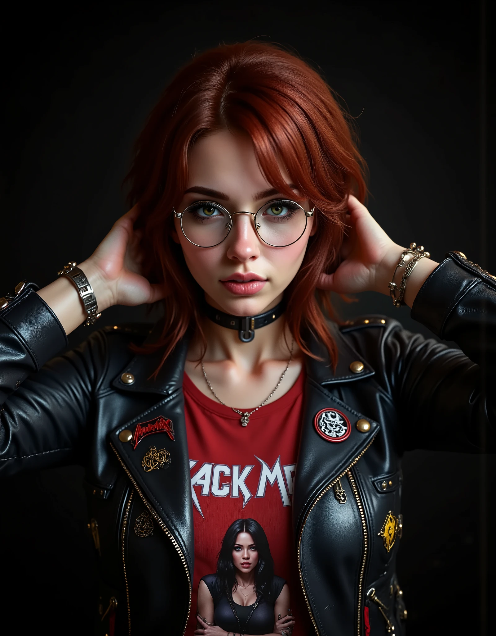 ((artwork, highest quality, highest image quality, high resolution, photorealistic, CRU photo, 8k)), (best quality, 4k, high resolution, masterpiece: 1.2), ultra detailed, (realistic, photorealistic: 1.37), ray traced. Best quality, masterpiece, pure black background image. (photorealistic: 1.4, extremely intricate: 1.3), (photon mapping, radiosity, physically based rendering, ultra resolution, hyperrealistic, photorealistic: 1.4, hyperrealistic, 8k), Notice: ((artwork, highest quality, highest image quality, high resolution, photorealistic, CRU photo, 8k)),(best quality, 4k, high resolution, masterpiece: 1.2), ultra detailed, (realistic, photorealistic: 1.37), ray traced. Best quality, masterpiece, pure black background image. ((artwork, highest quality, highest image quality, high resolution, photorealistic, CRU photo, 8k)), (best quality, 4k, high resolution, masterpiece: 1.2), ultra detailed, (realistic, photorealistic: 1.37), ray traced. Best quality, masterpiece, pure black background image. Pure black image background ideal for wallpaper. Full image of a very pretty girl of 30 years old, fiery red hair, waist length, curly and beautiful, her curls fall on her chest, she is wearing red headphones and is listening to music, enjoying the music and smiling amused, with both hands behind her head to further enhance her fun, highly detailed red headphones, cheeky and highly detailed dark green eyes, long eyelashes, light makeup, full, wet, half-open lips, thin, delicate necklace on her neck. Girl wearing reading glasses, metal-framed glasses. Very beautiful and sexy girl, very sexually desirable, beautiful body, low angle front view. She is wearing a worn black leather jacket with heavy metal music group patches, with the zipper open she shows her body, red t-shirt with heavy metal group image, spiked wristbands, skull rings. She looks at the camera with a very funny smile. Dynamic pose. Chiaroscuro, cinematic lighting, Fujicolor, UHD, Retina. Masterpiece. Accurate