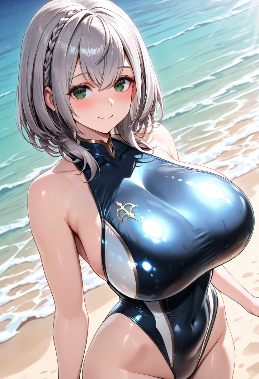 (masterpiece, Highest quality, Super detailed),One girl,((super fine illustration)),((cute eyes,highly detailed skin)),((well endowed,Blessed,Captivating body、Detailed Background))、(sun、vacation、Tropical、With the sea in the background)、(glossy skin:1.1), (face full of joy:1.3), (outstretched hand)