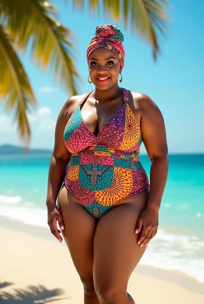 older black woman, chubby, wearing yellow and black flowery swimsuit, standing next to swimming pool, (((full body shots)))