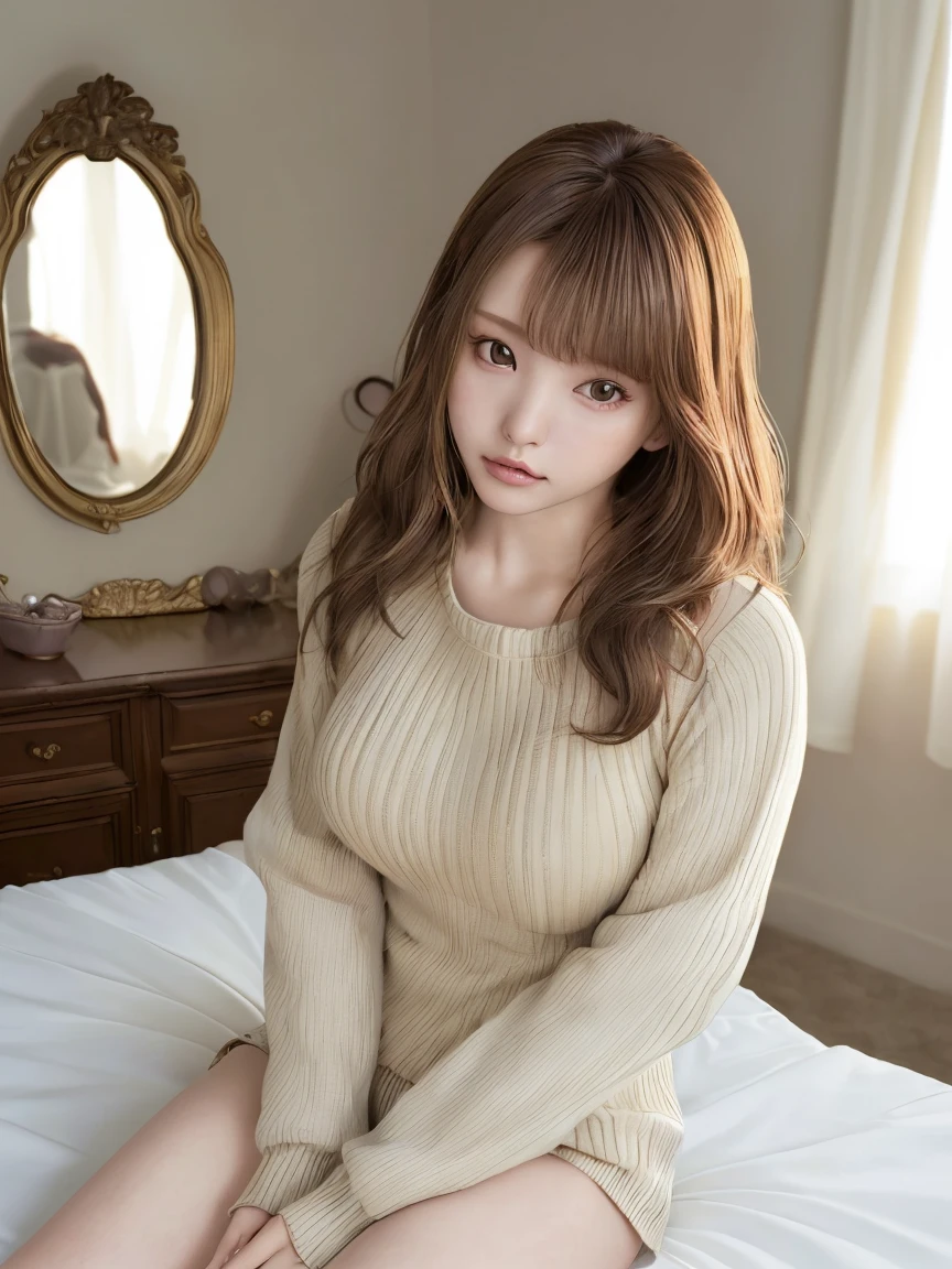 Wearing a tight-fitting knitted miniskirt dress, Asian beauty with long brown hair, single eyelids, beautiful narrow single eyelids, sensual gravure idol, sexy kawaii, realistic 3D anime style, airbrush art, hyper realistic, cute realistic natural anime style, sensual expression, seductive, glamorous, shy expression, holding one leg by herself and spreading her legs, on a bed