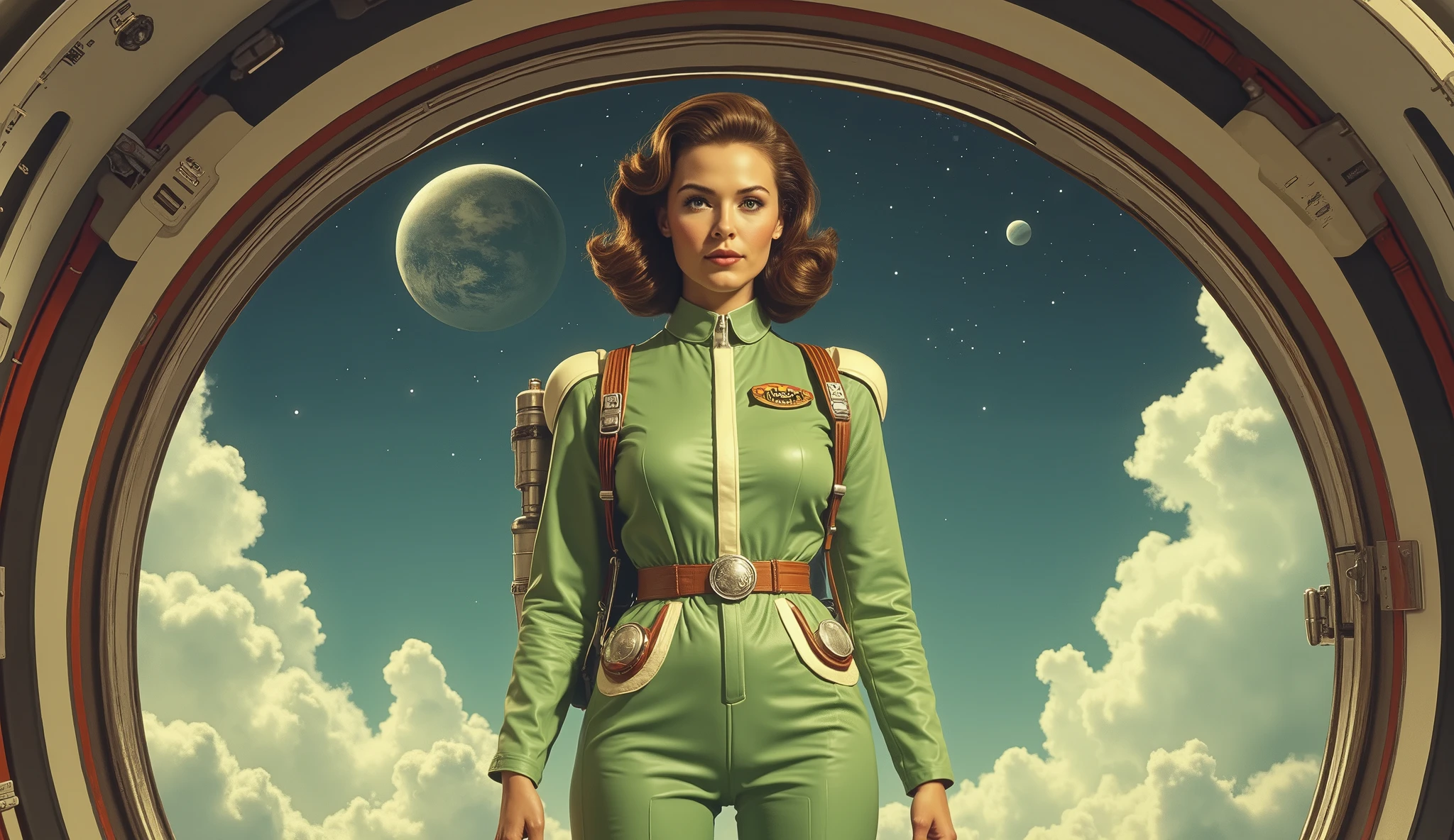 a confident woman in a retro green and white space jumpsuit, standing in a spaceship doorway, background filled with stars and fluffy clouds, planets floating in the sky, soft cosmic light illuminating her face, 1950s retro sci-fi style, jetpack backpack details, cinematic framing