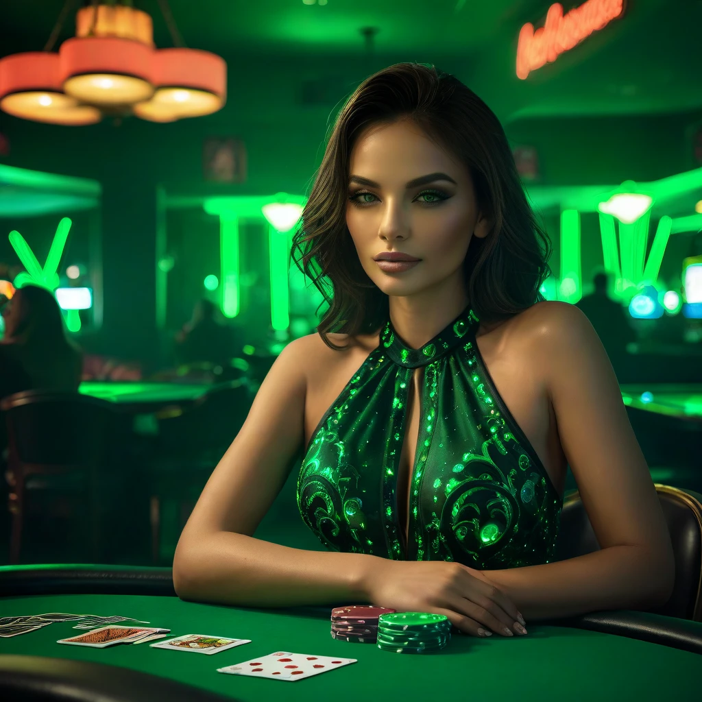 a beautiful young european woman with long dark curly hair standing in a casino, wearing a dress, in a green cyberpunk-inspired lighting, neon signs, green eyes