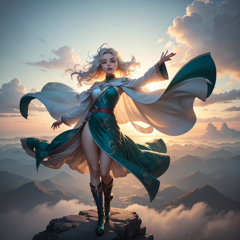 Female elf with platinum blonde hair dancing alone on a magic circle, Dark skinned female elf, robes blowing in the wind, hair blowing in the wind, calm face, she has white tattoos like lightning on her face, she has white tattoos all over her body, cool, sky is blue, full body portrait of her