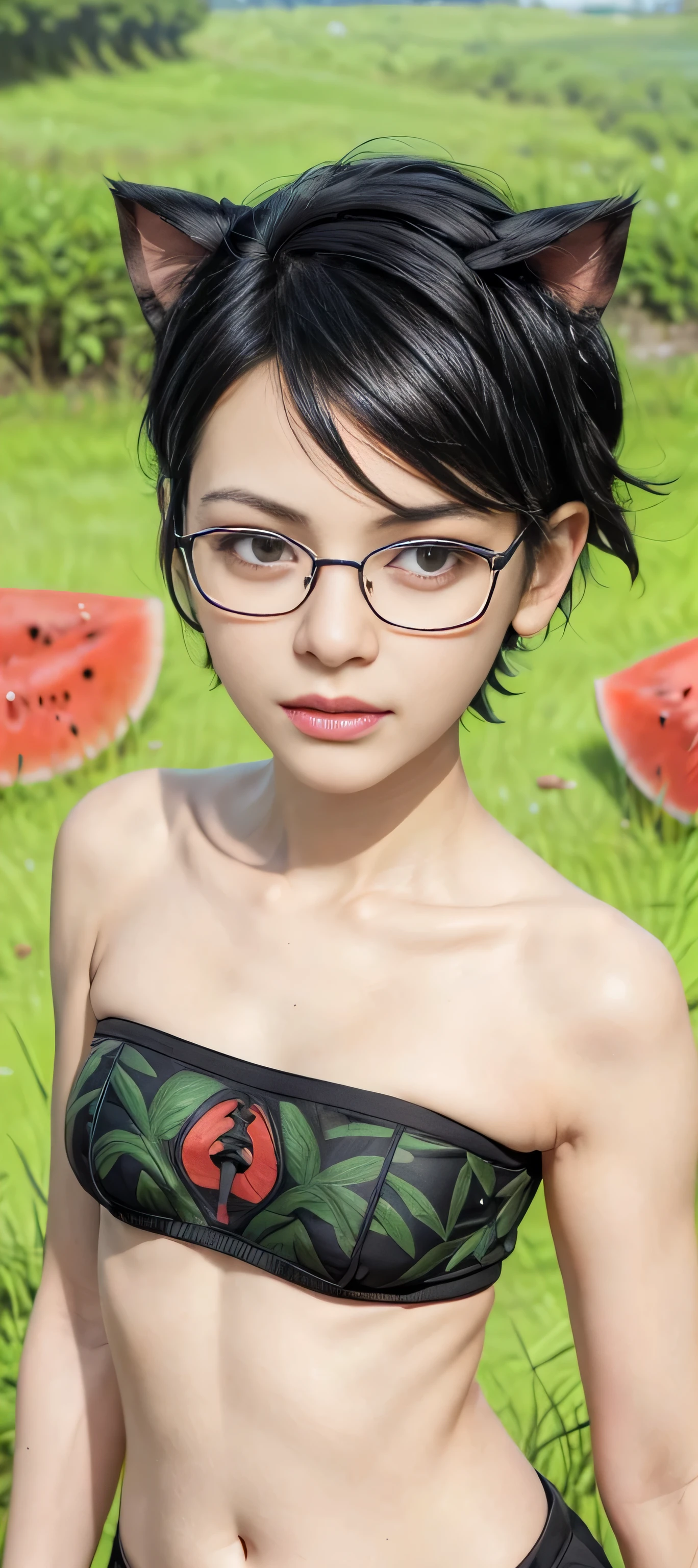 masterpiece, best quality, (realistic,photo-realistic:1.4), (RAW photo:1.2), extremely detailed CG unity 8k wallpaper, delicate and beautiful, amazing,finely detail, official art, absurdres, incredibly absurdres, huge filesize, ultra-detailed,extremely detailed eyes and face,light on face,little smile,(black hair:1.4)short hair,(wearing red clothes:1.4),fruits background,sarada,watermelon,tomatto