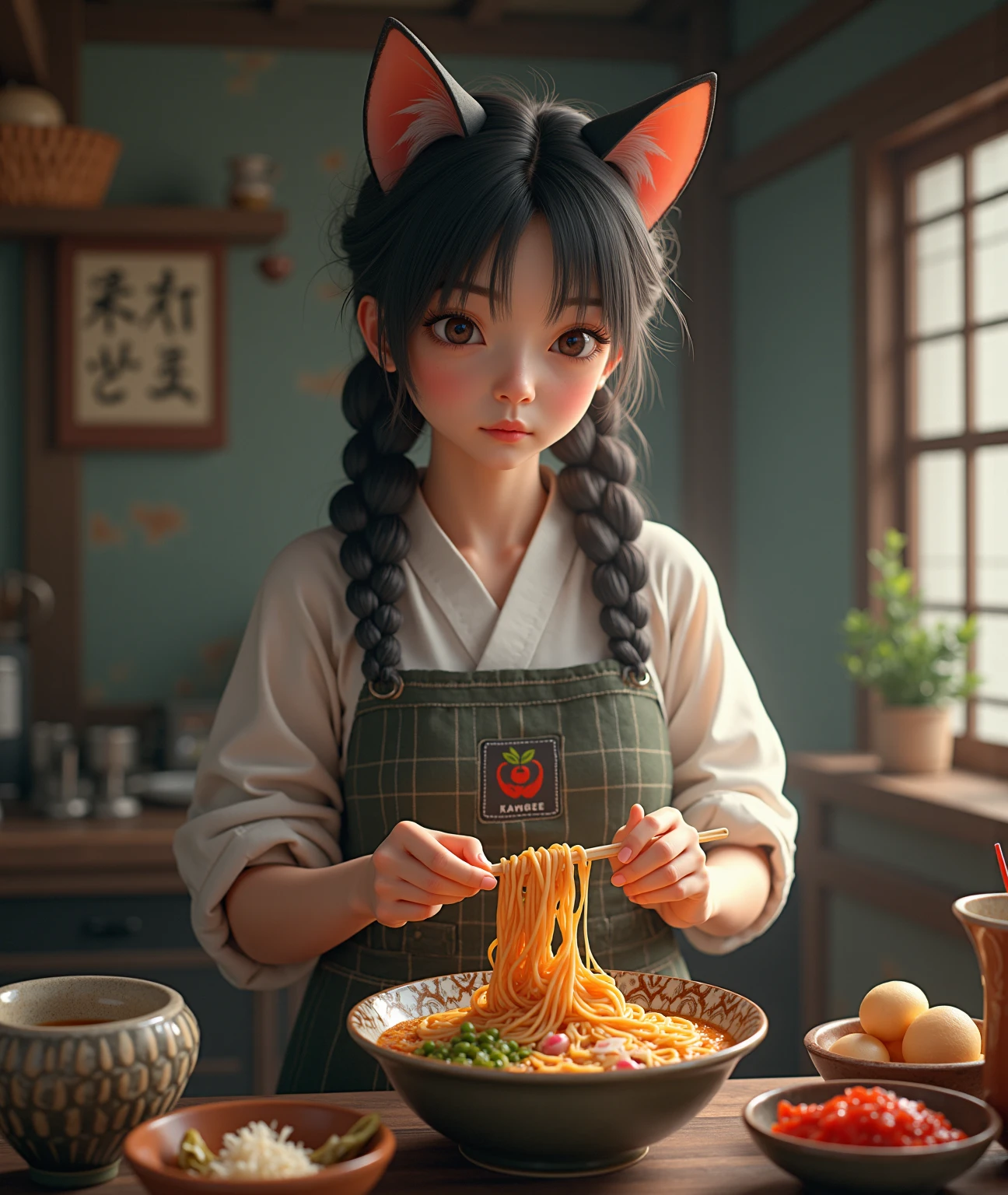 qualite 8k, haute definition 8k, la nourriture doit etre plus appetissante et réel, fille réel,  avec des oreilles de chat préparant un ramen, ambiance japonnaise, decor ruel japon, effet feerique, couleur doux, texture detail, realisme 8K, texture peau reel
