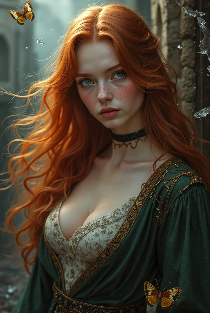 young woman, long hair, red hair, green eyes, perfect body, perfect hands, collar, loincloth (lo, noble, medieval), sexy pose, digital art, full body