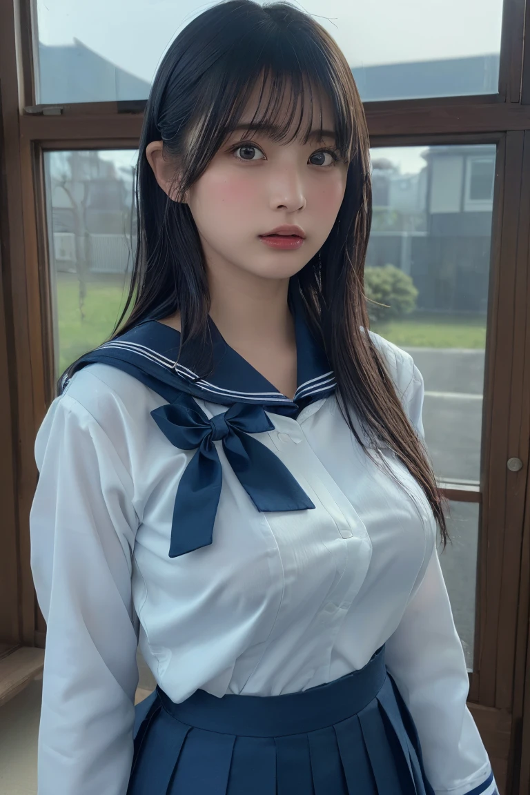 ulzzang-6500-v1.1, (Raw photo:1.2), (Photorealism), Beautiful detailed girl, Very detailed eyes and face, Beautiful detailed eyes, Huge file size, (Big), High Resolution, Very detailed, Best quality, [Masterpiece:1.6], [JK Uniform], Illustration, Very detailed, CG, Fine detail, Best quality, Very detailed CG uniform 8k wallpaper, Movie Lighting, 1 girl, 17 years old, cute Japan high school girl, perfect figure, [wearing white school blouse unbuttoned], large taut breasts, [huge breasts, heavy breasts, H cup: 1.8], cute drooping eyes, beautiful big eyes, white school blouse, bra, sweaty and wet, [sexual arousal: 1.1], lying in bed: 1.5], hands raised, School uniform ribbon around neck, smile, (the whole body is wet), shining eyes