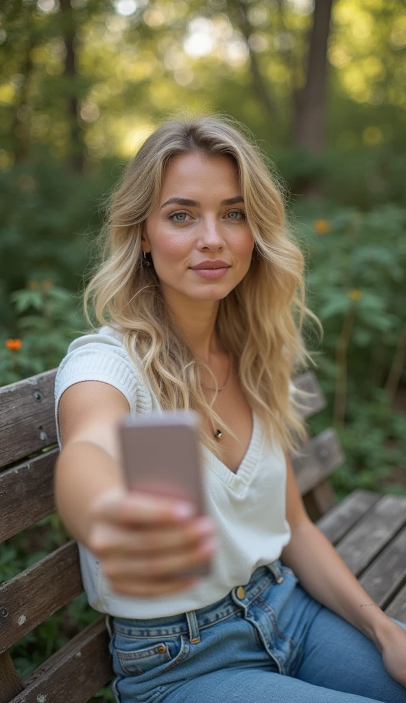A 23-year-old blonde woman, ((pechos grandes)), ((hiperrealismo)) ,. blonde hair with light brown roots. cabello rubio, Hair with brown roots, cabello extra largo, cabello muy largo, really long hair, Beautiful, Front view, selfie, photo taken with iPhone, elegant black shirt with escote, escotada, selfie in the garden, high quality, selfie iPhone, cleavage