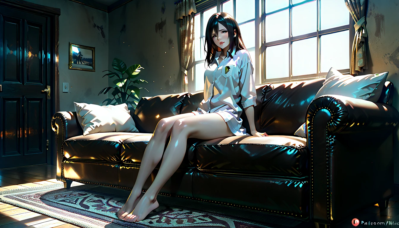 Put on tights,Wear tight shorts underneath,Bigchest,sitting in the couch。The two were chatting --auto