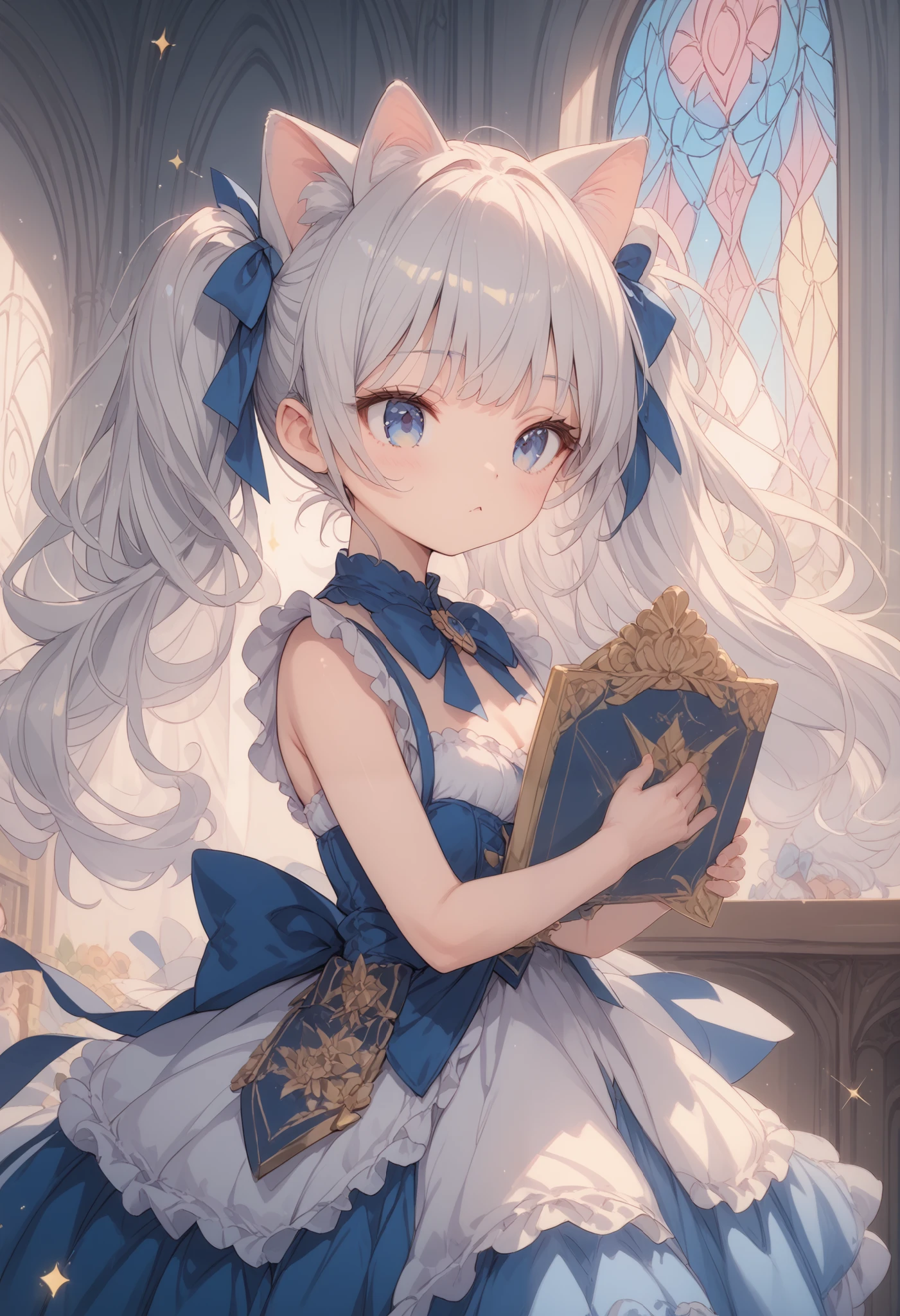 anime, (sparkle), super detail, (masterpiece), high quality, ((high details)), twintails, silver hair, Pretty Girl, A frilly dress, a flared skirt, A big ribbon on the chest, Standing by the window, indoors, cat ears