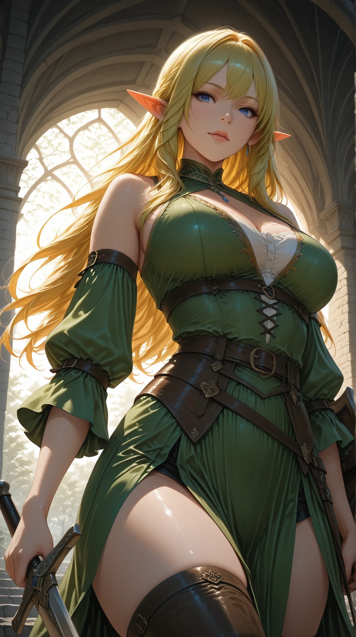 1girl, solo, long hair, breasts, blush, blue eyes, blonde hair, (large breasts), thighhighs, gloves, hat, navel, dark green underwear, braid, boots, pointy ears, green elbow gloves, arms up, kneeling, underboob, red beret, green thigh boots, elf, side braid, restrained, tentaclejob, voluptuous, thong, cave,
