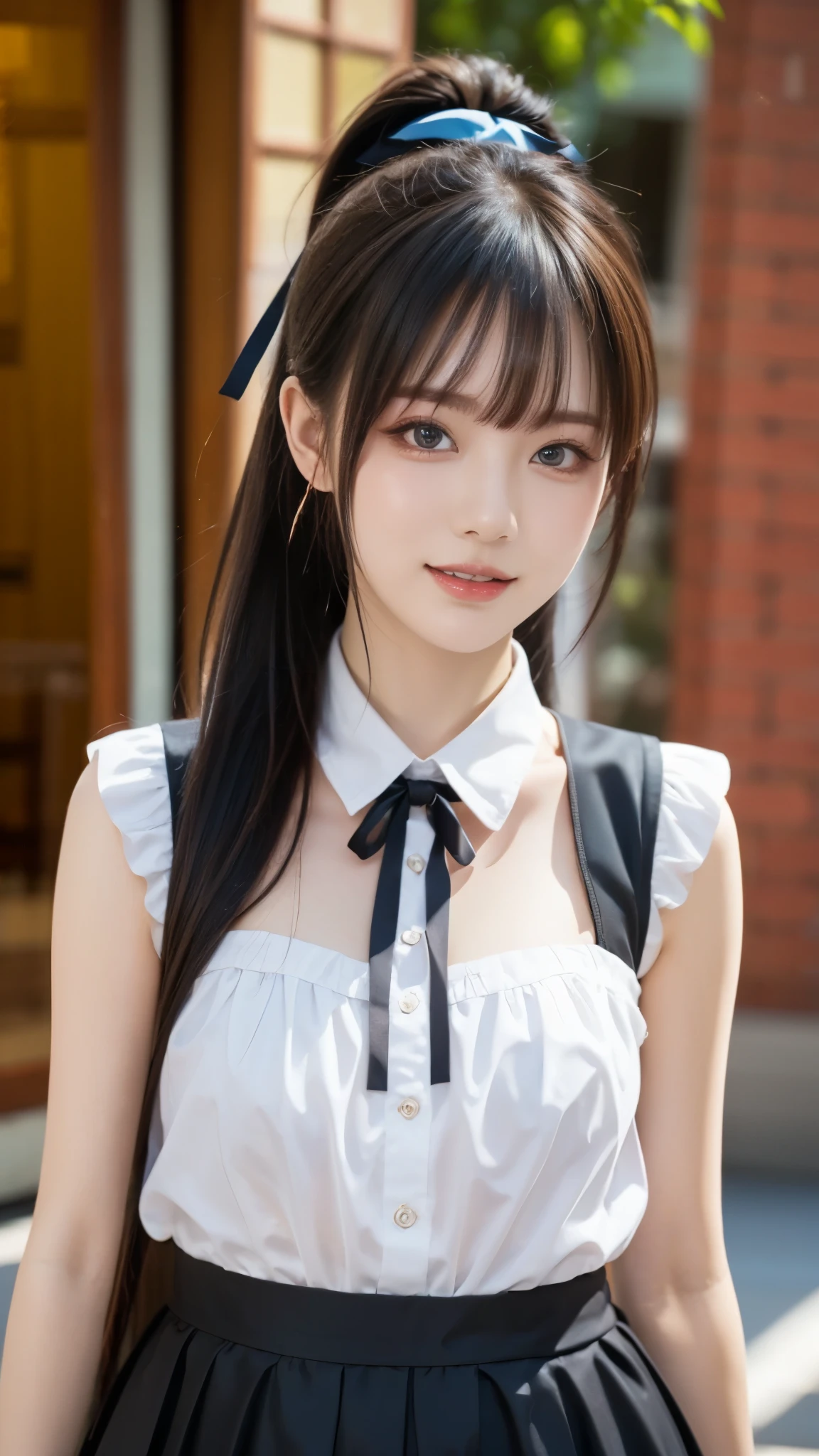 (((ultra best quality、Upper Body Up、Slender 20 years old、Super beauty in Western style、super detailed face and eyes、Double long and large eyes、Big tear bag、Shining eyes、Short-cut black hair in waves、Aligned bangs、White headband、Show your teeth and smile big、High School Uniforms、Chest emphasis)))、