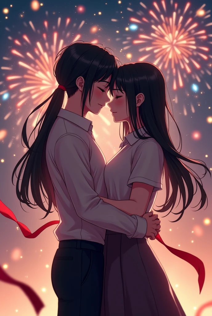 Two women with long black hair kissing，snow，fireworks，best quality