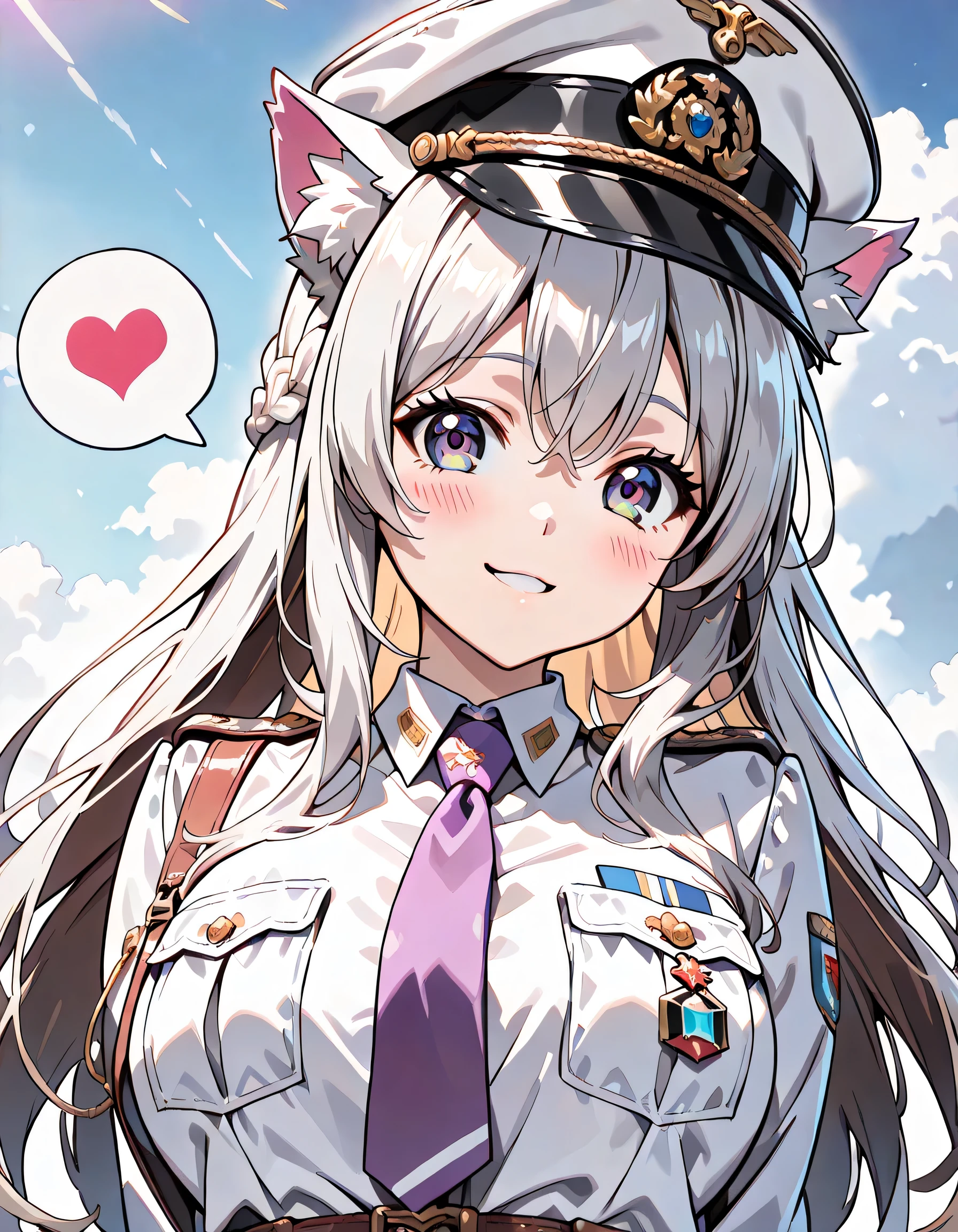 ((ultra-detailed)), (highly detailed CG illustration), (best quality:1.2), ultra-highly detailed, colorful composition, artistic photoshoot, 1girl, solo focus, ((upper body:1.4)), moe anime character, girl, dainty facial structure, (baby face), (round face), ((rounded chin:1.2)), celia-default, celia claire, blue eyes, ((wearing glasses:1.3)), ((round eyewear:1.3)), ((silver hair color)), long hair, ((half updo)), ((cat ears:1.3)), ample breasts, ((french air force light blue uniform with gold decoration during World War II)), ((white collar inner shirt)), ((french military kepi hat with light blue World War II:1.4)), ((pale purple tie:1.4)), ((medal on breast with red ribbon:1.4)), ((sam brown belt with shoulder strap:1.4)), ((smile:1.4)), ((happy:1.4)), ((joyful:1.4)), ((cry with joy:1.4)), ((blush:1.4)), ((looking viewer)), ((spoken Heart:1.4)), ((pink heart background)), from front, best quality, masterpiece, expecting, pink cheek, blush, light pink gloss slip, portrait, depth of field, soft lighting, sidelighting, (shine), lighting, caustics, ray tracing, smile, perfect face, lustrous skin, highly detailed face, highly detailed eyes, perfect face, perfect nose, perfect hair, perfect eyes, perfect anatomy, beautiful hair, beautiful small face, extremely detailed face, beautiful detailed eyes, beautiful clavicle, beautiful body, beautiful ample breasts, leavage, breasts squeezed together, equalize the size of the left and right breasts, beautiful thin thighs, beautiful legs, beautiful fingers, 4 fingers, 1 thumb, lovely, (very detailed background:1.0), (highly detailed background:1.0), spring aesthetic, intricate details, joyful atmosphere, spring colors palette, chromatic aberration