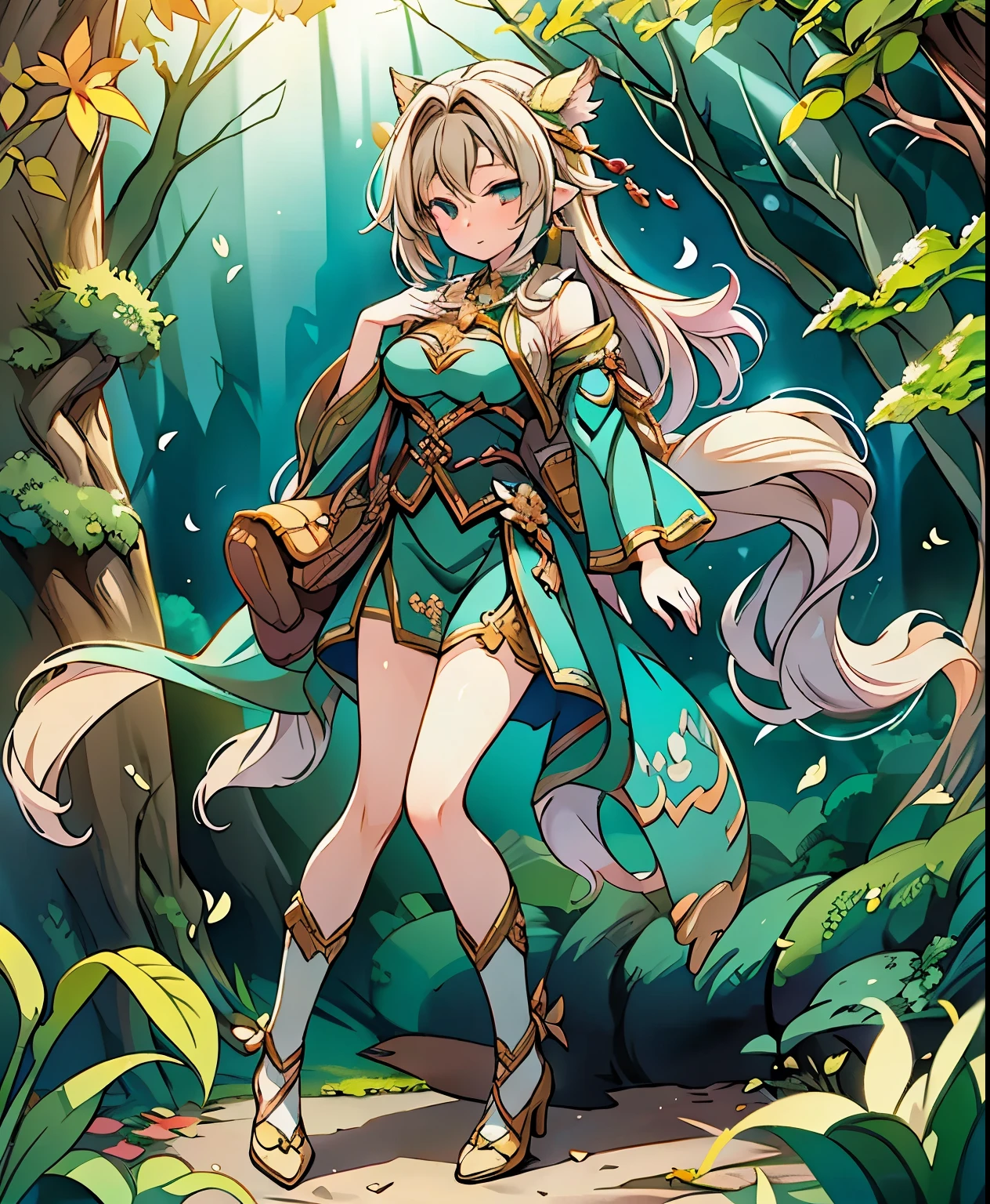 ( masterpiece、 top quality、 top quality、OFFICIAL ART、 beautiful and beautiful :1.2)、(one girl:1.3) ,、Light green twin-tail, beautiful breasts,"Encounter with Forest Spirits"
prompt : "cute girl, ((: 1.5)), (masterpiece: 1.2), (top quality: 1.2), (high image quality: 1.1), dramatic lighting, Brilliant Color Palette, Anime Artwork, anime style, key visual, Cinematic composition, Dreamy Watercolor Style Illustration with Delicate Details, Fisheye Effects and Dynamic Angles, Complete Full Body Shot . Meet Mysterious Forest Spirits Made with Autumn Leaves and Light、Amazing Girl, Glade in the Forest with Sunlight."