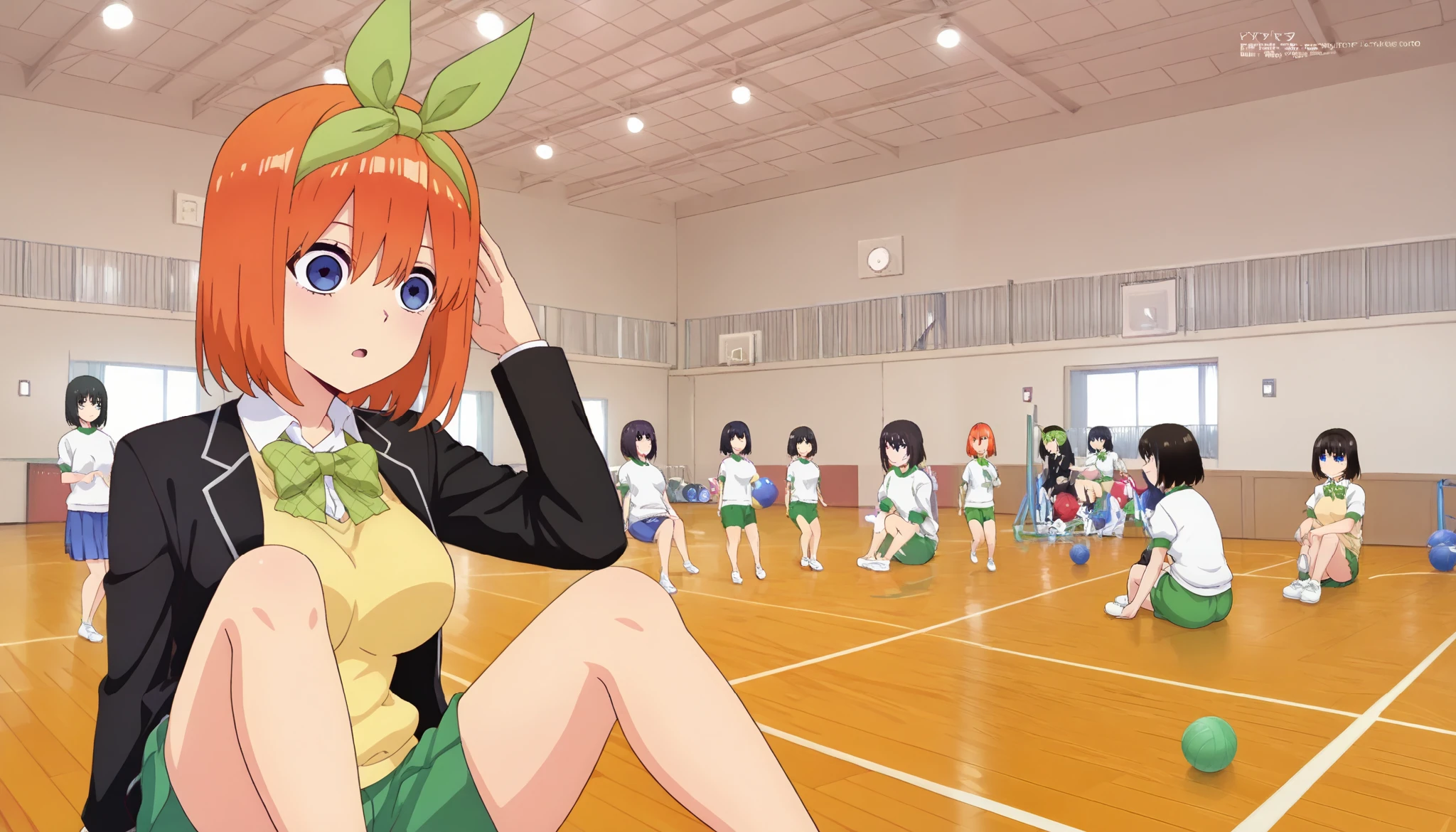 1girl, y0tsuba, large breasts, orange hair, blue eyes, short hair, hair between eyes green bow hairband, black blazer, open blazer, yellow sweater vest, white collared shirt, bowtie, plaid bowtie, green skirt, pleated skirt,y0tsuba, orange hair, blue eyes, short hair, hair between eyes, green bow hairband,Gymn4s3,sitting on the floor grasping one's knees (as in a gym class),,score_9, score_8_up, score_7_up, rating_safe, masterpiece, best quality, absurdres, unity 8k wallpaper, official art, official style, source_anime, uncensored, game cg, megami magazine,taiikukan, indoors, sportswear, multiple girls, indoors, photo background, shorts, ball, 6+girls, ceiling light, black hair, ceiling, stage, wooden floor, gym uniform, sportswear,