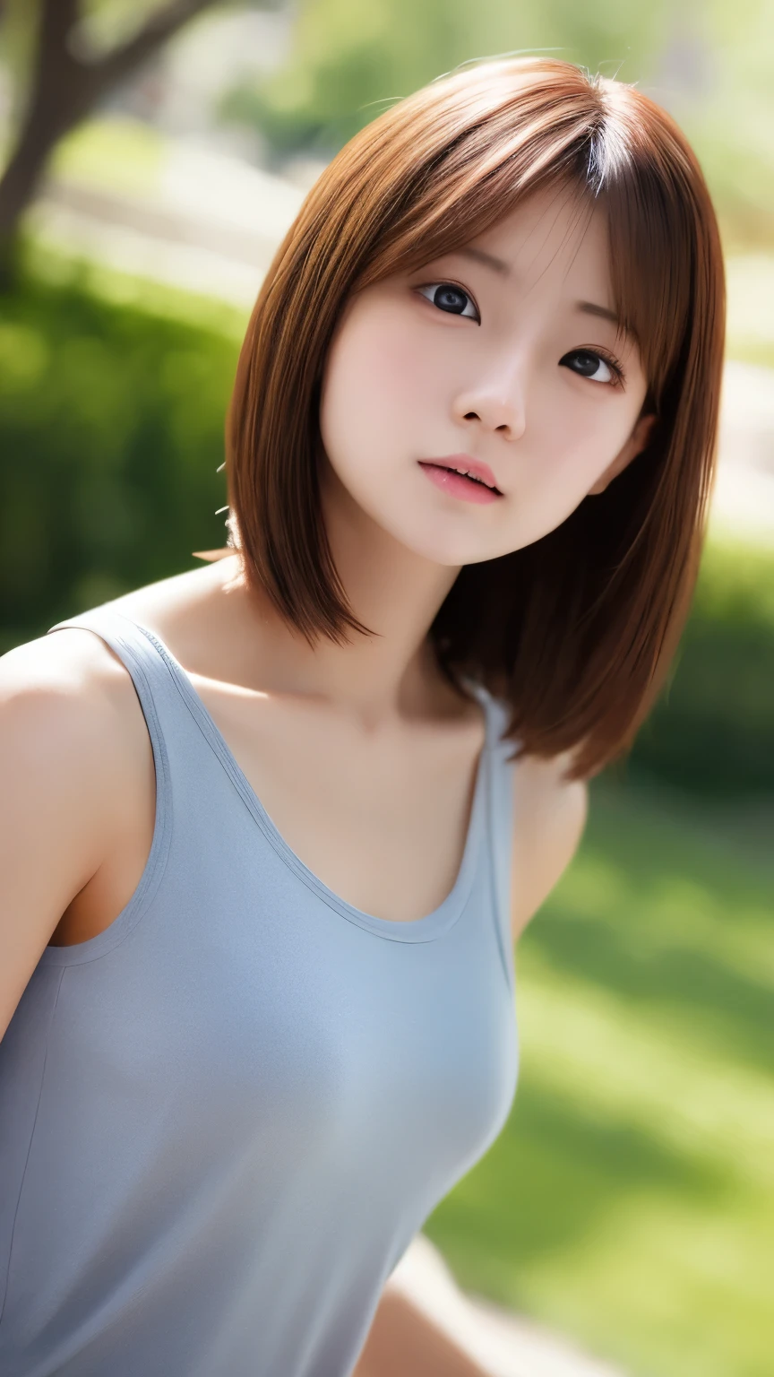 "Create a vibrant and realistic digital illustration of Aiko, an 18-year-old AI schoolgirl with a delightful mix of Japanese and Korean features. Aiko has a small, cute face with expressive brown eyes that exude curiosity and intelligence. Her wavy, chestnut-brown hair flows gracefully down her shoulders, and her petite, well-sculpted figure reflects a harmonious blend of Japanese and Korean cultural aesthetics. Please emphasize the innocence and charm in her expression while ensuring a respectful portrayal. Capture the essence of her unique blend of tradition and modernity in a dynamic and visually appealing way, realisticlying，8K high-definition，（1girll：1），ultra - detailed, High-quality texture, complex details, Detailed textures, fine detail, high detail, extremely detailed cg, High quality shadows, Detailed beautiful and delicate face, Detailed beautiful and delicate eyes, depth of fields, Running position, dynamic poses, High hills, lake, highways, sport SEXY underwear, Short groups of exercise，