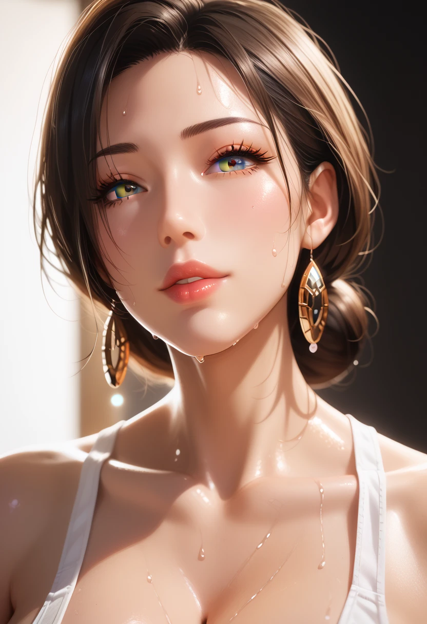 a beautiful goddess with sharp jawline, long earrings, huge breasts, big circle jhumki earrings, short shiny hair, perfect face, face makeup, yellow saree, printed blouse, thin body, tall figure, cleavage, navel, hand jewelry, rings, (best quality,4k,8k,highres,masterpiece:1.2),ultra-detailed,(realistic,photorealistic,photo-realistic:1.37),detailed eyes,detailed lips,extremely detailed face,long eyelashes,portrait