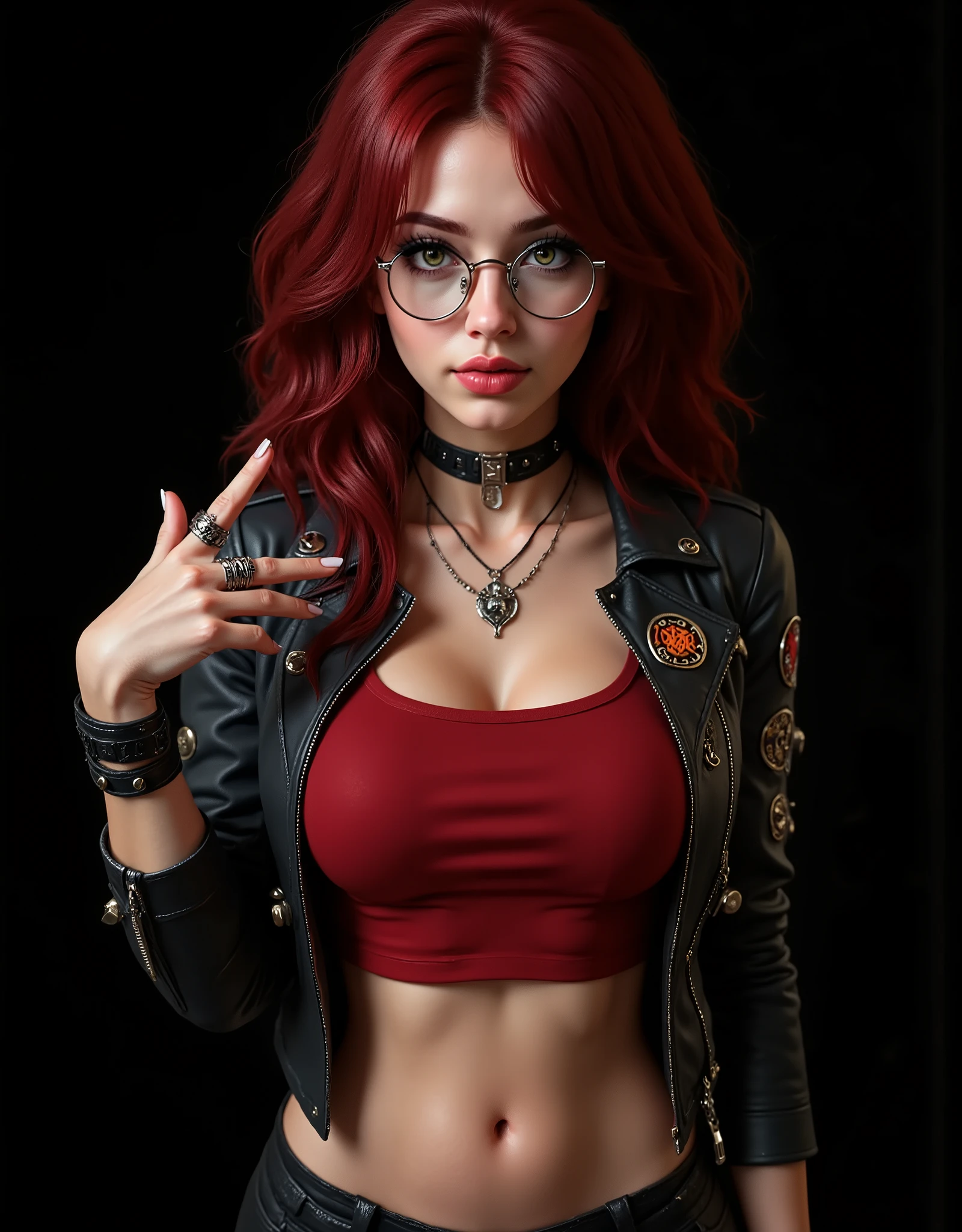 ((artwork, highest quality, highest image quality, high resolution, photorealistic, CRU photo, 8k)), (best quality, 4k, high resolution, masterpiece: 1.2), ultra detailed, (realistic, photorealistic: 1.37), ray traced. Best quality, masterpiece, pure black background image. (photorealistic: 1.4, extremely intricate: 1.3), (photon mapping, radiosity, physically based rendering, ultra resolution, hyperrealistic, photorealistic: 1.4, hyperrealistic, 8k), Notice: ((artwork, highest quality, highest image quality, high resolution, photorealistic, CRU photo, 8k)),(best quality, 4k, high resolution, masterpiece: 1.2), ultra detailed, (realistic, photorealistic: 1.37), ray traced. Best quality, masterpiece, pure black background image. ((artwork, highest quality, highest image quality, high resolution, photorealistic, CRU photo, 8k)), (best quality, 4k, high resolution, masterpiece: 1.2), ultra detailed, (realistic, photorealistic: 1.37), ray traced. Best quality, masterpiece, pure black background image. Pure black image background ideal for wallpaper. Full image of a very pretty girl of 30 years old, deep red hair, waist length, curly and beautiful, her curls fall on her chest, she is wearing red headphones and is listening to music, enjoying the music and smiling amused, with one hand she points her index finger at the camera pointing at the viewer, very detailed red headphones, cheeky and very detailed dark green eyes, long eyelashes, light makeup, full, wet, half-open lips, thin, delicate necklace on her neck. Girl wearing reading glasses, metal-framed glasses. Very beautiful and sexy girl, very sexually desirable, beautiful body, low angle front view. She is wearing a worn black leather jacket with patches of heavy metal music groups, with the zipper open she shows her body, a short red t-shirt that allows you to see her abdomen, shown abdomen. T-shirt with an image of a heavy metal group, spiked wristbands, skull rings. She looks at the camera with a very funny and f