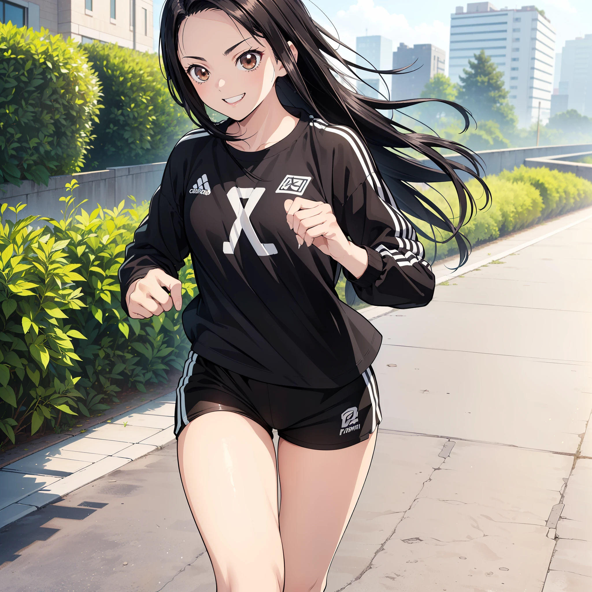 (masterpiece, best quality:1.2), kimetsu no yaiba style, kiyomi, (1girl, solo), 18years old, (upper body, cowboy shot), (black long hair, straight hair, wind blowing hair), brown eyes, (happy smile:1.1), ((black sports jersey, long sleeves), (black sports shorts, bare legs)), (running in the residential road, running motion)