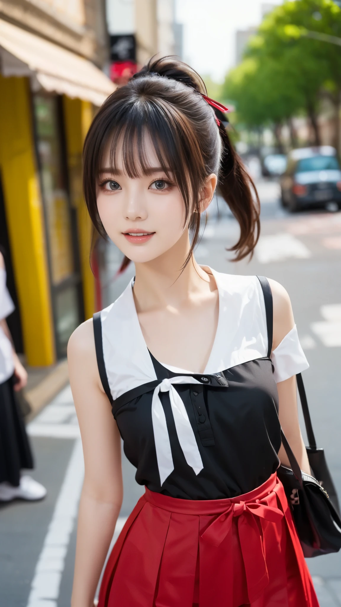 ((超絶リアルなhighest quality、Drawn details)、(Photographed from the front:1.4),(Center of gravity on one leg：1.9）,(Stand upright:1.5),(Slender figure wearing summer uniform) ,(Close up of twin-tailed hair girl:1.3)、(realistic background:1.3)、(anatomically correct:1.3)、(full hand:1.3)、(full finger:1.3)、Photoreal、Raw photo、highest quality、high resolution、delicate and beautiful、perfect face、beautiful and fine eyes、Fair skin、real human skin、pores、((thin legs))、(black hair)