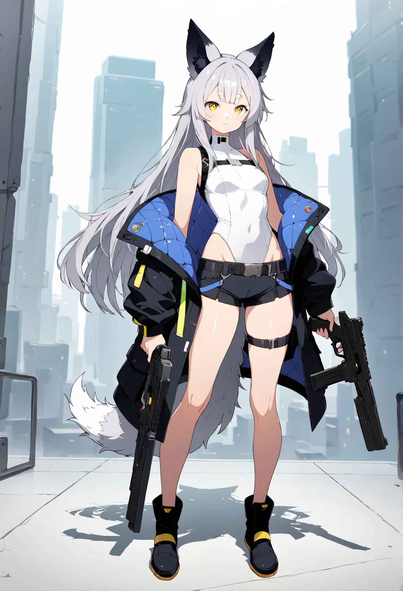 Fleeting,masterpiece , medium chest,1 girl, alone, 短いbungs,bungs,Round eyebrows,  Yellow Eye,, and the eyes are, gray hair ,straight long hair,long hair,wolf cut,silver fox ears,  White Fox Ears,full body, design in white that fits well yet is easy to move。The sophisticated white top。high neck leotard,shorts for two,waist,Do you know futuristic white clothes,sleeveless,standing,Futuristic,Desolate World,Desolate city,gun,ゴールドのgunを持っている,cyberpunk