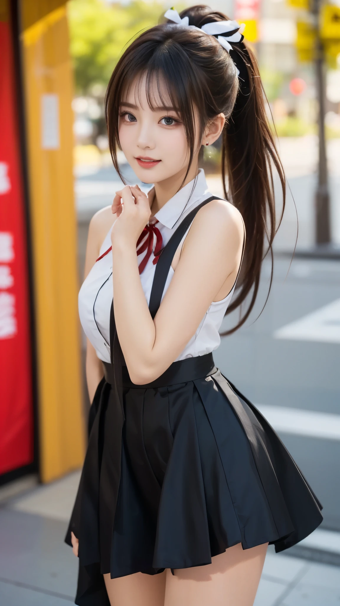 In 8K,highest quality:1.4, 超A high resolution:1.5, (Realistic:1.4),masterpiece:1.2,(highest quality:1.4)、 RAW Photos、 (The background is blurred), 1 Japanese girl, cute, (alone:1.4), (shy smile), Smooth Skin、 (Brown medium hair,bangs), (Touching your hair:1.4),Nogizaka,Flexible fingertips,Beautiful dark eyes、dual、Natural skin texture:1.3, Realistic eye and facial details:1.7、Mid-breasted、Daytime、Sculptural installation：1.1、Tight ass:1.5、Put your hands behind your head、Staring at the audience,The photographer is looking back.５Please step back,smile,was happy, Hilarious,(Maid:1.2),bow,Long sleeve, Black sleeves,(Black checked long tights:1.2),maid&#39;s headdress,Maid apronl,cafeteria,Upper Body,(Fine hair:1.1), (Fine grain:1.1)
