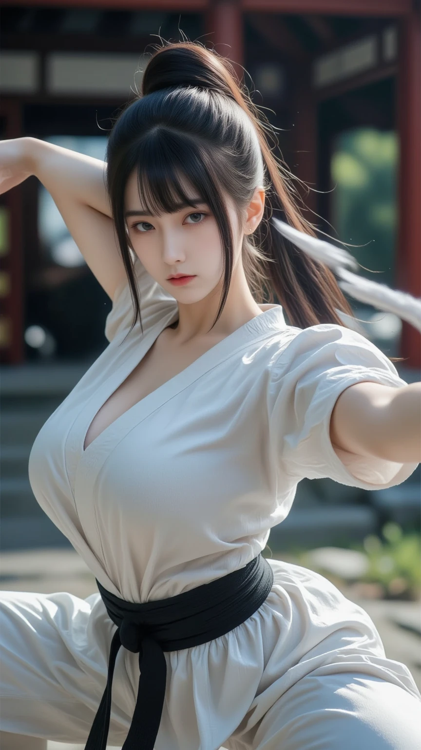 masterpiece , highest quality , From thin to transparent , Not worn ,Huge long saggy breasts, Looking at the audience,Cute Japanese, Cleavage,Cleavage, Split,Lift one leg high and do a spinning kick, Flying in the air, Perfect hands, Perfect hands指, Exactly, Perfect body, Perfect Face, Perfect Image Realism, Detailed Background, Detailed clothing , Superrealism, real, Unreal Engine, Rendering with Octane, 8k, Highest Resolution, Very detailed, (Full body woman love:0.6) , Combat Stance, Dynamic Angle, (Rotational Energy:0.7) , White skin ,Kimono dress ,External, News Post , Cinema Lighting, Perfect field of vision