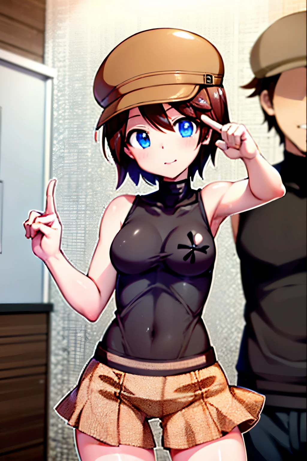 masterpiece , top quality,1 girlとone man,( 1 girl , Helga Haruka , blue eyes, brown hair, short hair, Brown hat, sleeveless turtleneck, plaid skirt with correct description,perfect anatomy,V sign ) , ( one man,middle-aged man whose mother is ,suit , PERFECT ANATOMY),(netorare:1,3 ) , love hotel