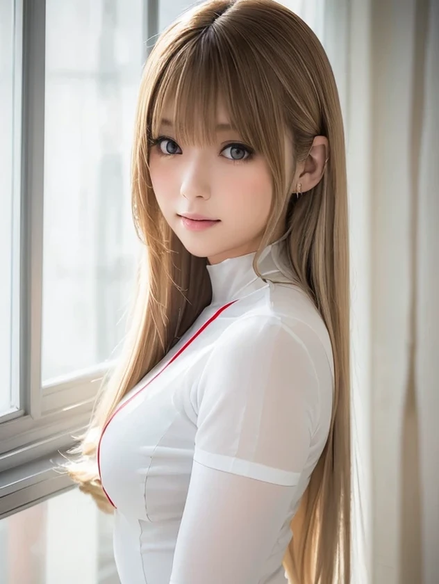((White nurse costume:1.4, white pantyhose:1.1)), light beige hair color, has long straight brown hair covering part of her face. The environment is like indoors, There is a thin white curtain with soft natural light illuminating the scene. The whole atmosphere is intimate and focused, The light from the window, Creates gentle shadows. the background is softly blurry.