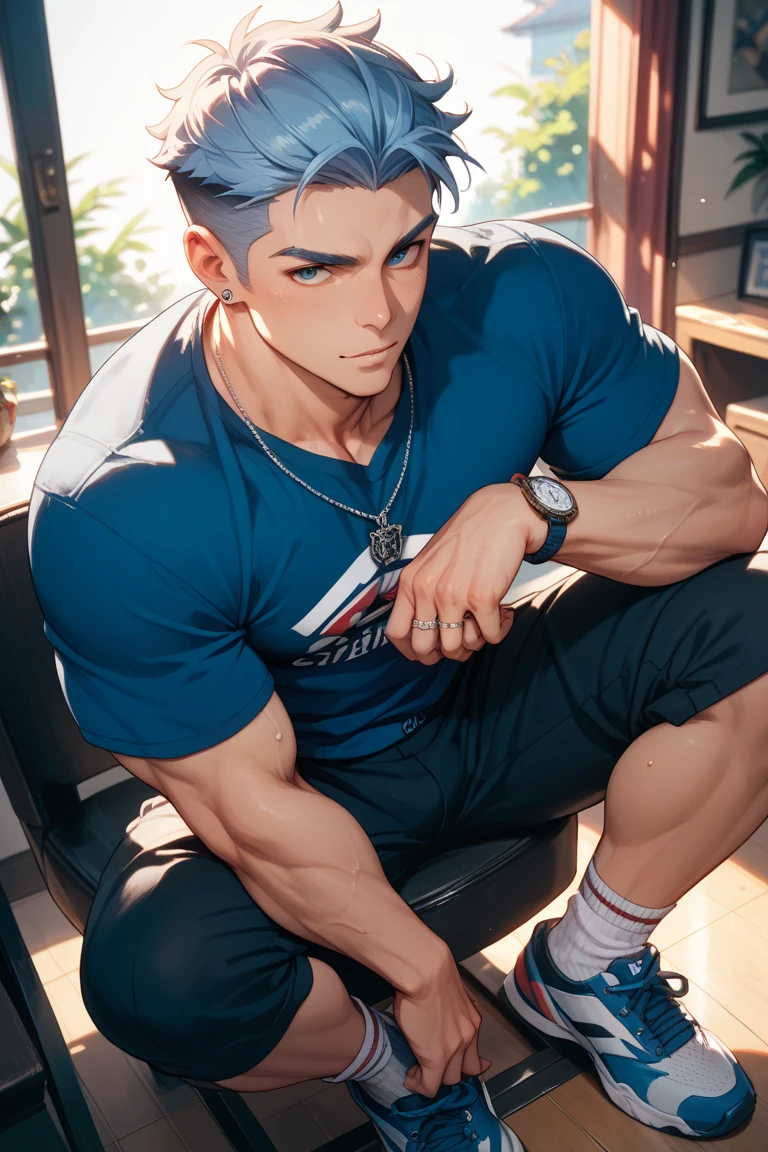 A handsome man in a blue jumpsuit is sitting on a park bench and looking at the camera、belly button、