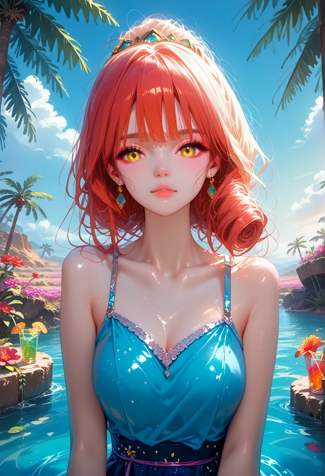 Beautiful Girl with a Nice Figure, Nearby Camel, sexy, Standing tall at the Oasis in the Desert, Bowing His Head to Drink Water, scoops up water with his hand,looks at the viewer, Two hair colors(Bright red with yellow), The glitter falls on her,Very Colorful Picture, bright colors, masterpiece, Palm trees and greenery around the Oasis, Ripples on the water, Clear and Colorful Details, some Thorns and Flowers,pfstyle ,cinematic film still,score_9,score_8_up,score_7_up,masterpiece,best quality,8k,source_cartoon,source_アニメ