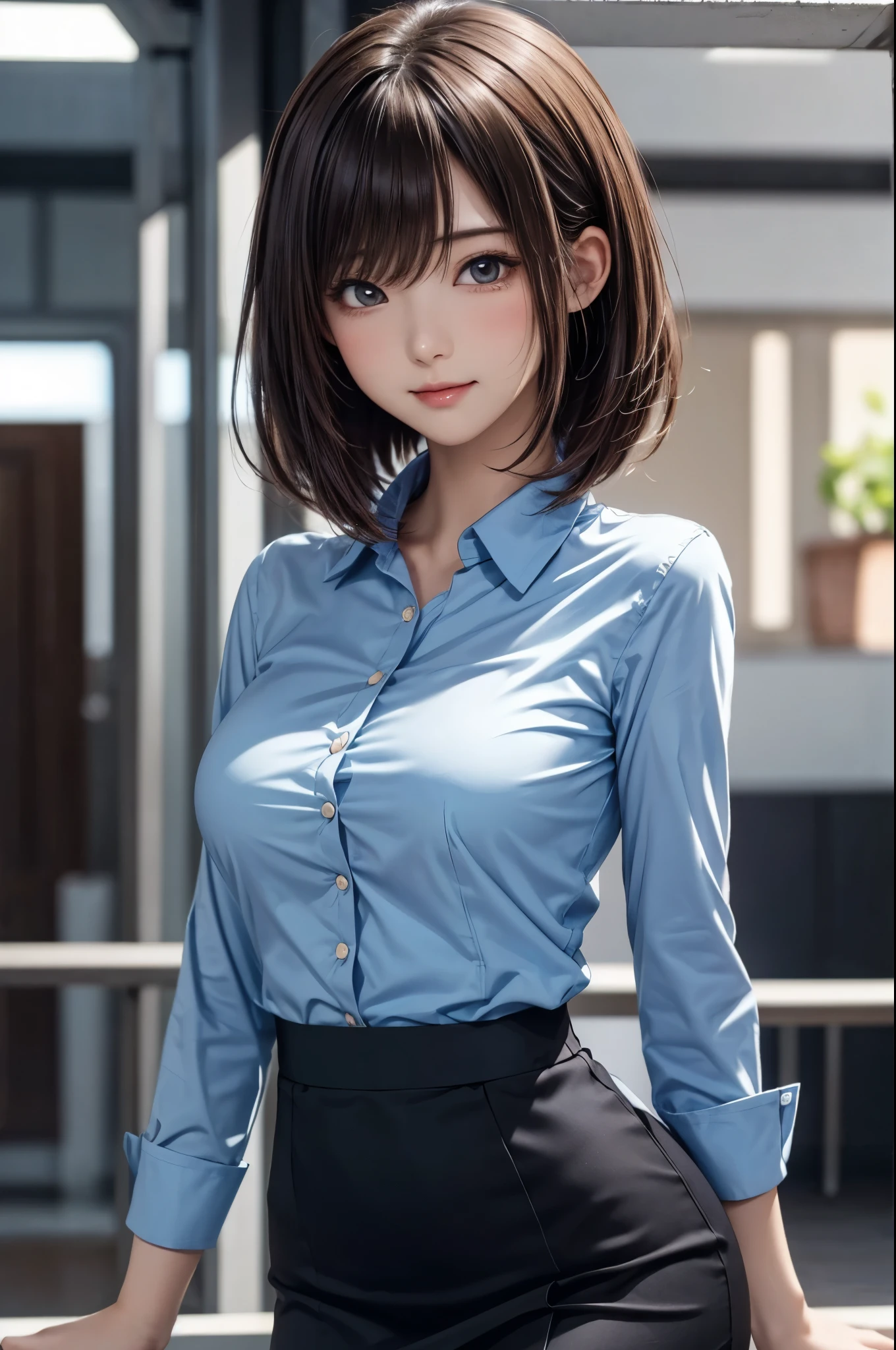1girl, medium shot angle, wallpaper of extremely detailed CG unit, Digital painting, ((kawaii anime)), straight bob hair, medium breasts, radiant skin glow, natural face lighting, wearing a business suit, dress shirt, skirt, ((blush, breasts, Bust curve, through)), (masterpiece, best quality, very aesthetic, ultra detailed:1.2), intricate details, high resolution, 8k, sunlight
