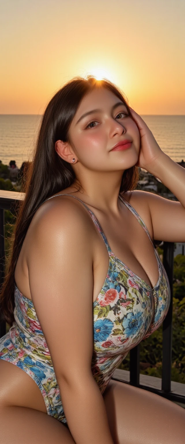 8K quality, ultra-high definition and realistic, a voluptuous intelligent mature woman with large breasts and a full waist, artistic, picturesque, sensual painting, nude painting, bright garden, blurred flowers in the background, gentle light, beautiful woman, double chin, bright eyes and intelligence, black-haired white woman, black hair braided and tied up, posing with a plump smile lying down and using her arm as a pillow, the season is early spring, the face is drawn in detail.