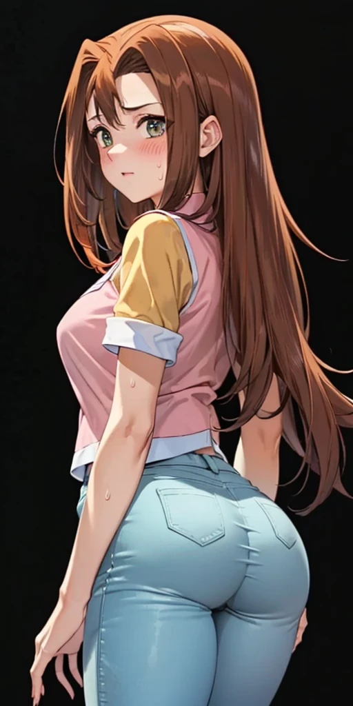 1 Female,High definition,high resolution,Ultra-realistic,8K, masterpiece, best quality, extremely delicate and beautiful, highres, original, serenitydm, long hair, brown hair, pink shirt, blue skirt, tight skirt, miniskirt, gray eyes, blue sneakers,European,sexy,Upper body close-up,Photographed from the front,Dynamic Angles,blush, medium tits, happy, wink the eye,facial, sweat,multicolored hair ,((nipples)),(wide thighs:1.4),(white panties),(show panties),(from behind),(huge ass),(show ass),(blush), detailed face