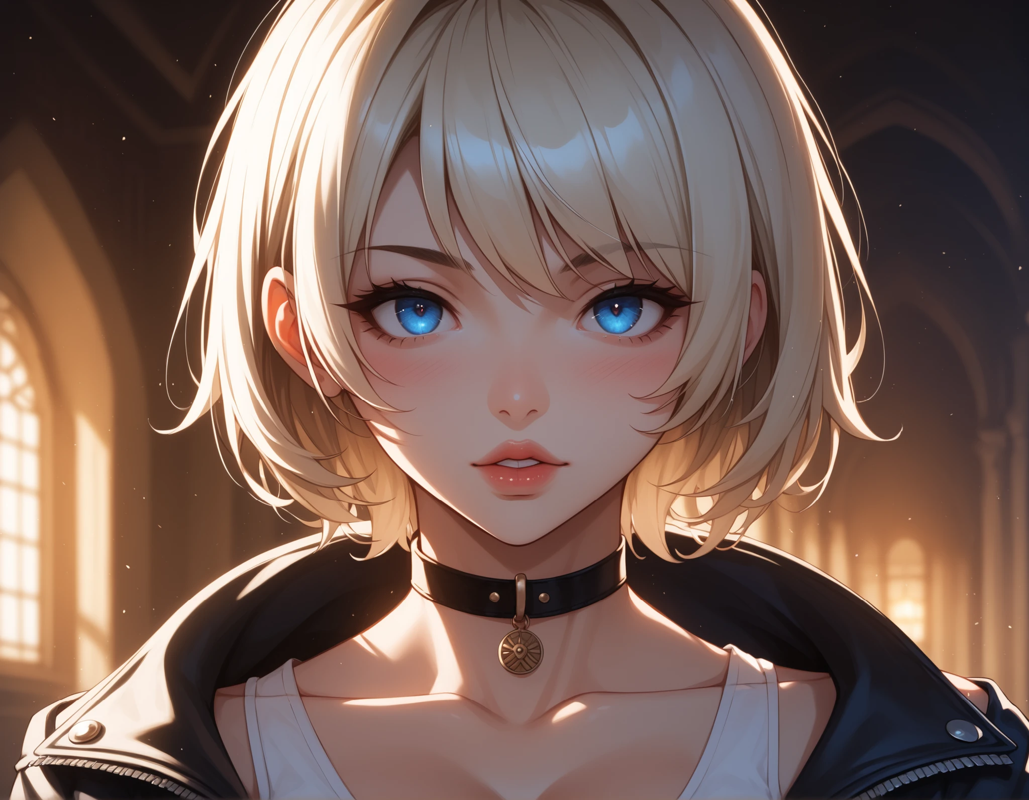 Watercolor, score_9, score_8_up, score_7_up, (Volumetric_lighting: 1.7), (masterpiece), (lora: detailed anime girlsXL), (lora: NoobAI-XL Detailer), (lora: smooth lighting enhancer) (lora: Detailed Background), (lora: NKxXmo's Shaded Face), (lora: SDXL high detailed. LoRA_SDXL_ARW_0010: 0.75), (lora: Waifu Eyes), 1woman, lips, (cowboy_shot), from_side, breasts, blue_eyes, solo, cleavage, short_hair, pixie_cut, jacket, upper_body, bare_shoulders, black_jacket, choker, collarbone, off_shoulder, bangs, multicolored_hair, parted_lips, open_clothes, white_hair, medium_breasts, black_choker, open_jacket, blush, foreshadowing, blurry_background, cinematic_lighting, darkbackground, 8k, realistic, high_quality, detail_focused, foreshortening, blurry_background, (Diminishing scale perspective:1.3), ((forced_perspective))