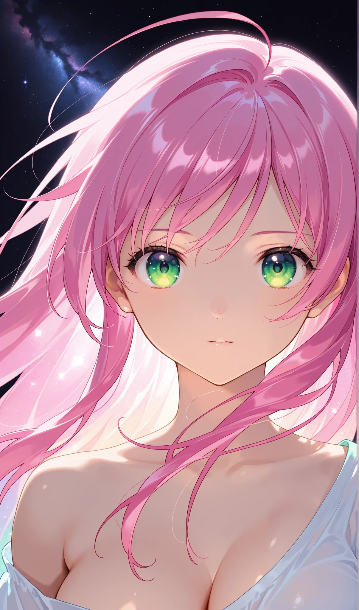 (( 1 girl)), normal moka akashiya, long hair, green eyes, pink hair, ahoge, large breasts,Toyoaki Yoshi 、Black background,colorful, loose clothes,face close up, "Intricate Iris Details", "Captivating Eye Reflections",Beautiful eyes, vibrant, Shining Contours ,neon,green、official art、viewer, masterpiece, Very Beautiful、starry sky、 sidemap、Light powder、neonヘア、