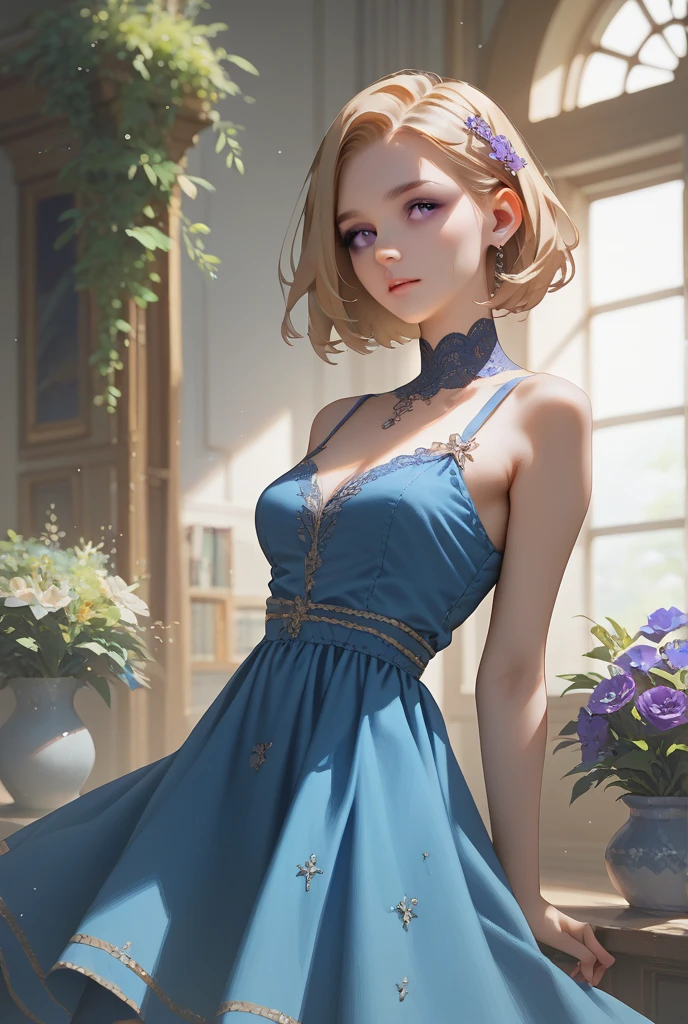 (Sit on a branch),A woman of outstanding figure,Wear a beautiful miniskirt,Leaking out of both shoulders,Transparent body,fresh flowers,jewely,Amazing work,Vitreous luster,clean backdrop,High gloss,blue colors,in pink,cyan colors