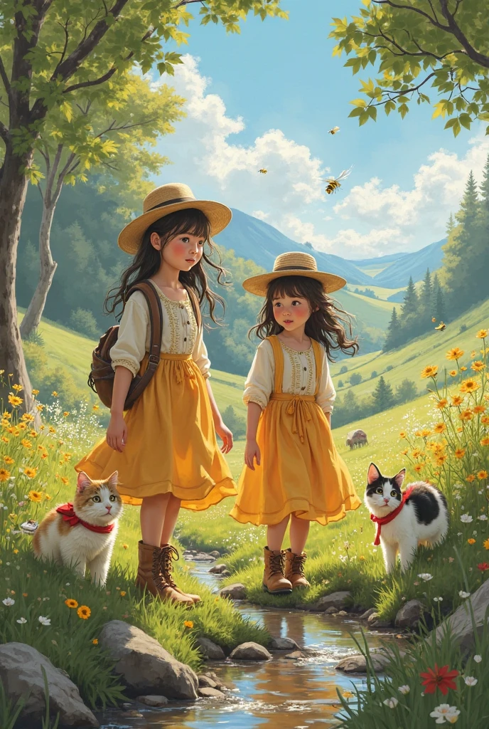 ((best quality)), ((masterpiece)), (Detailed), An anthropomorphic little wolf boy and an anthropomorphic little fox girl sit hand in hand in a meadow by a lake and watch the sunset.