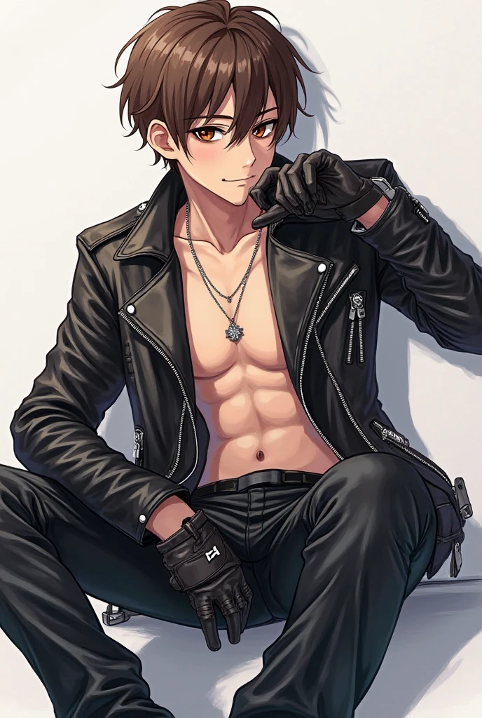 1 boy, single teenager, athletic body, somewhat stocky, messy burgundy neck-length hair, dark skin, tanned skin, green eyes, mole under right eye, somewhat athletic body, somewhat wide hips, black shirt, ripped jeans, leather black jacket, in a university, in a park
