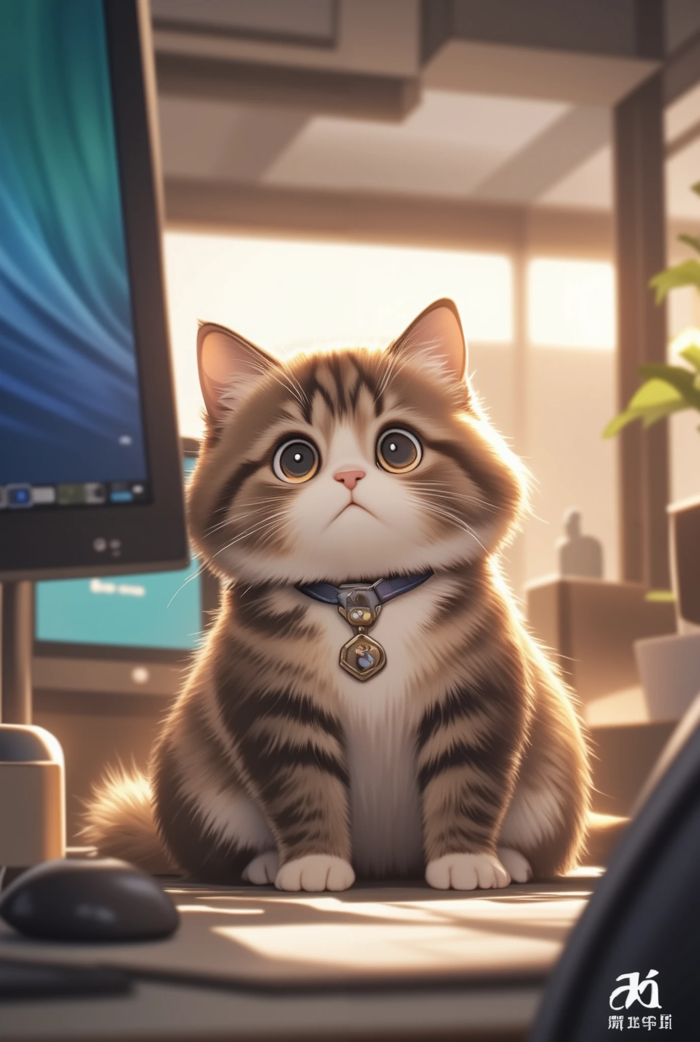 ( masterpiece、 top quality、 top quality、OFFICIAL ART、 beautiful and beautiful :1.2)、(one girl:1.3) ,、Light green twin-tail, beautiful breasts,A cute office cat sitting at a desk, wears a small tie and ID badge. the cat looks at the computer screen with interest in a fluffy Scottish fold、The cat has big round eyes, Looking curiously at the computer screen. The modern office is clean, Minimalist design with soft lighting. The cat's hair is well-maintained, Its little paws are resting on the keyboard. High detail, photorealistic, warm and cozy atmosphere.