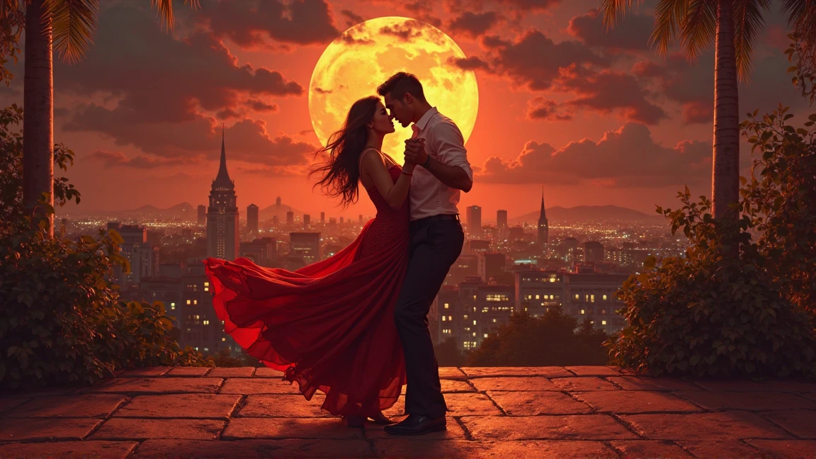 2 lovers dancing in rain; horrible view; red moon; dragons flying; bats flying; castle 