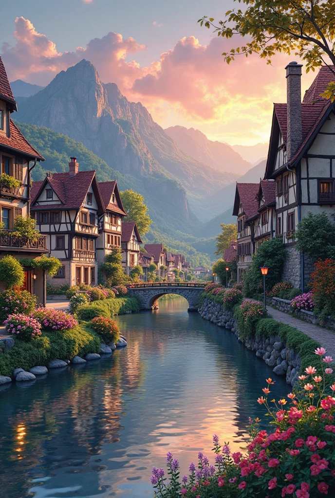 A small riverside village, mountains in the background, colorful ...