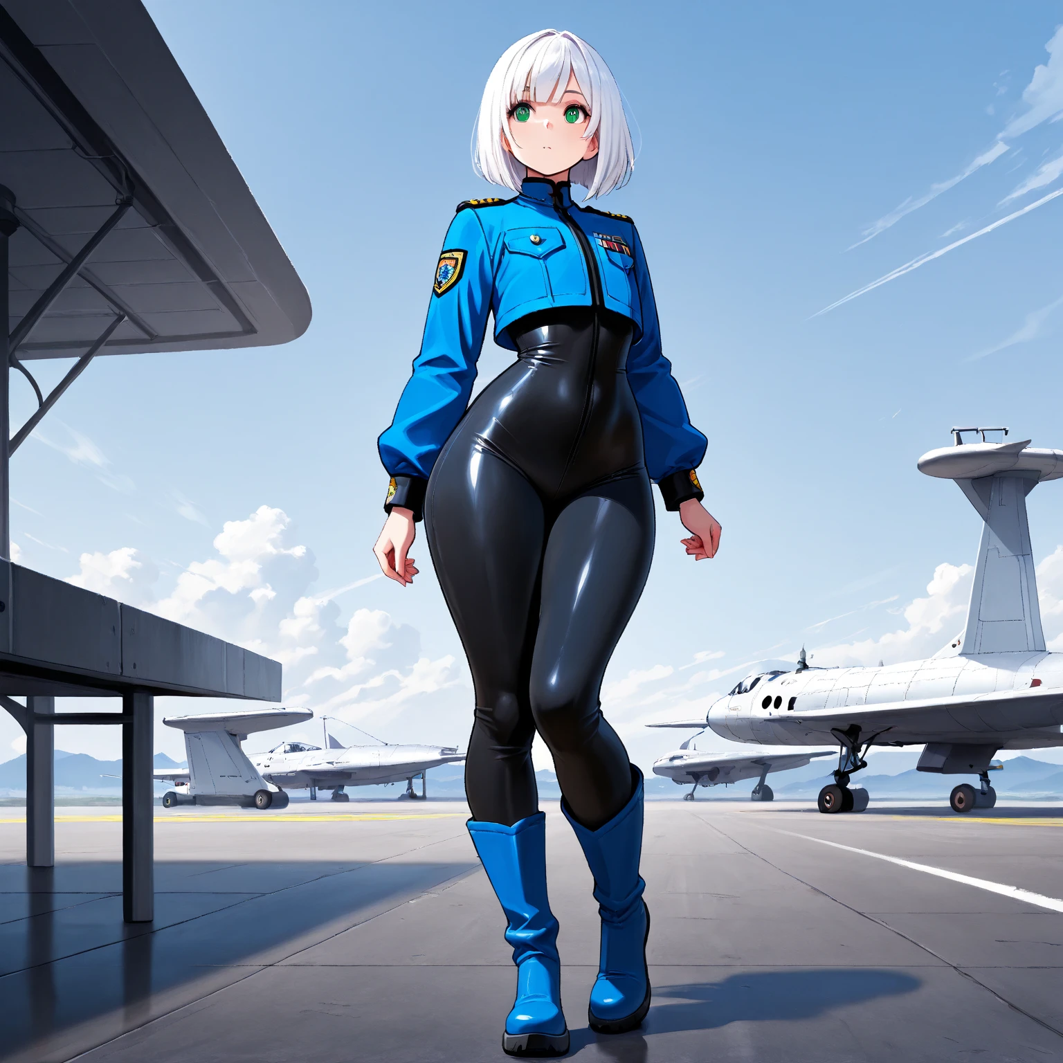 real life, full body, platinum blonde hair, purple eyes, large breasts, hair bun, long hair, blunt bangs, hair over one eye
BREAK wearing a spacesuit, boots and gloves, helmet, rocket, launch pad, standing next to a rocket ship, NASA logo, black and white rocket, outdoors
BREAK tall buildings, staircase with orange guardrails, pavement, grass, cumulonimbus clouds