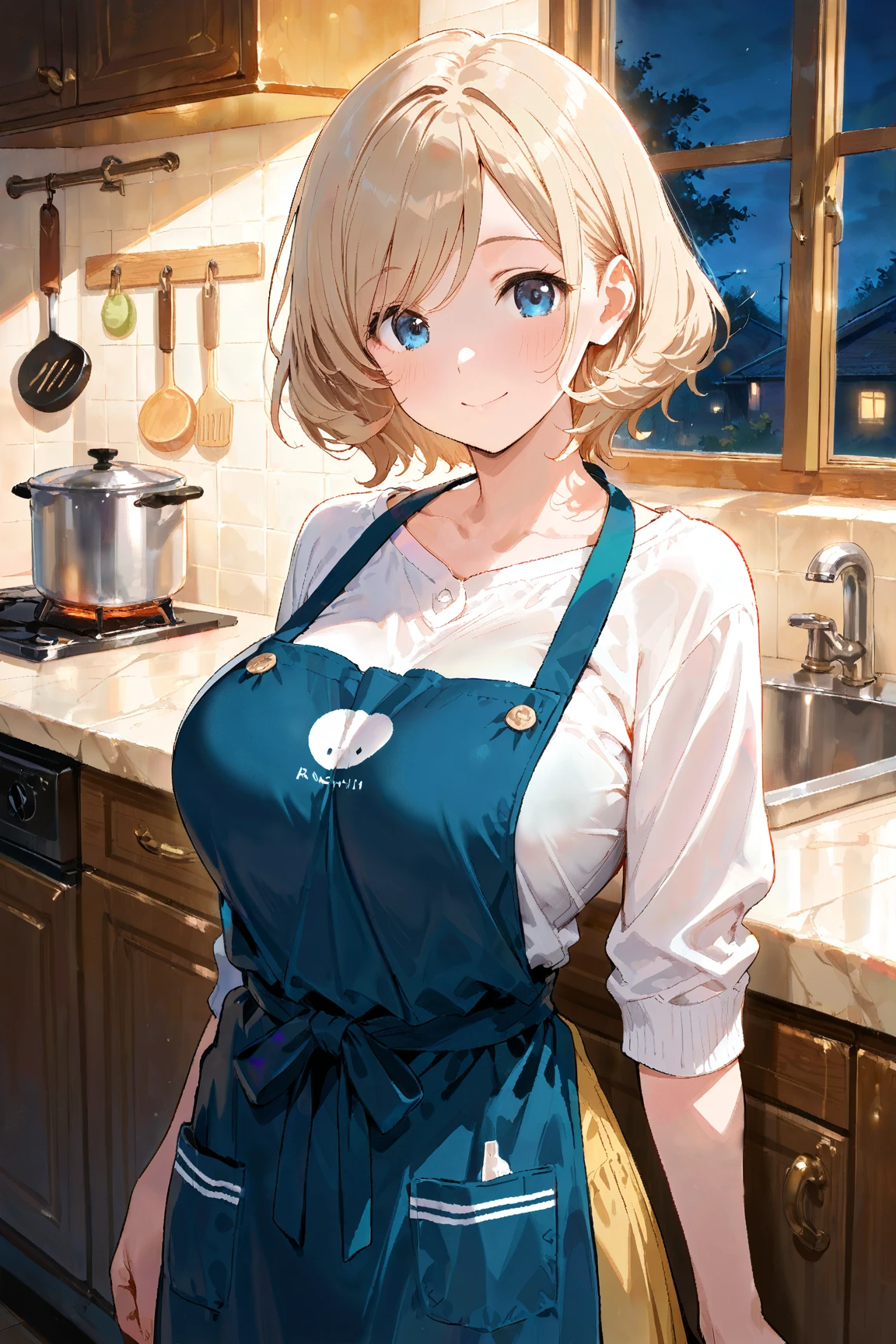 ((masterpiece, best quality;1.3)), ultra detailed, 8k unity wallpapers, CG, ray tracing, illustration, colorful, cinematic shadow, extremely detailed and beautiful background,vhd, shadering VRay,RT, 1girl, light smile, teenage, loli, blush, solo, blue eyes, blush, (blonde hair), (medium hair), large breasts, white glowing skin, highly detailed beautiful face, beautiful face, beautiful eyes, (talented Lo-Fi:1.3), naked, sexy, lewd, jewelry, white apron, no bra, no panties, kitchen, close-up, glowing, glowing light, ultra detailed, scenic, atmospheric