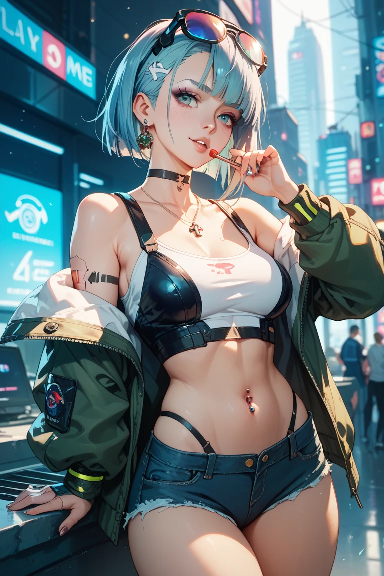 (photorealistic:1.8, highest quality:1.8,8K masterpiece:1.8,High resolution,muste piece:1.8,RAW Photos,cinematic lighting),No split screen, cyber punk、Back alley of the city at night、rain-soaked ground、vapor、 (1 android girl:1.3)、Completely naked、full body tattoo、choker、beautiful breasts、shirt、denim shorts、beautiful butt,beautiful thighs,plump nipples、Nipples are visible through the costume,cameltoe,Body painting with a pop design drawn all over the body、pop art design、cutting edge fashion、conceptual art、 (Beautiful shining blue-white hair:1.5)、Stoic