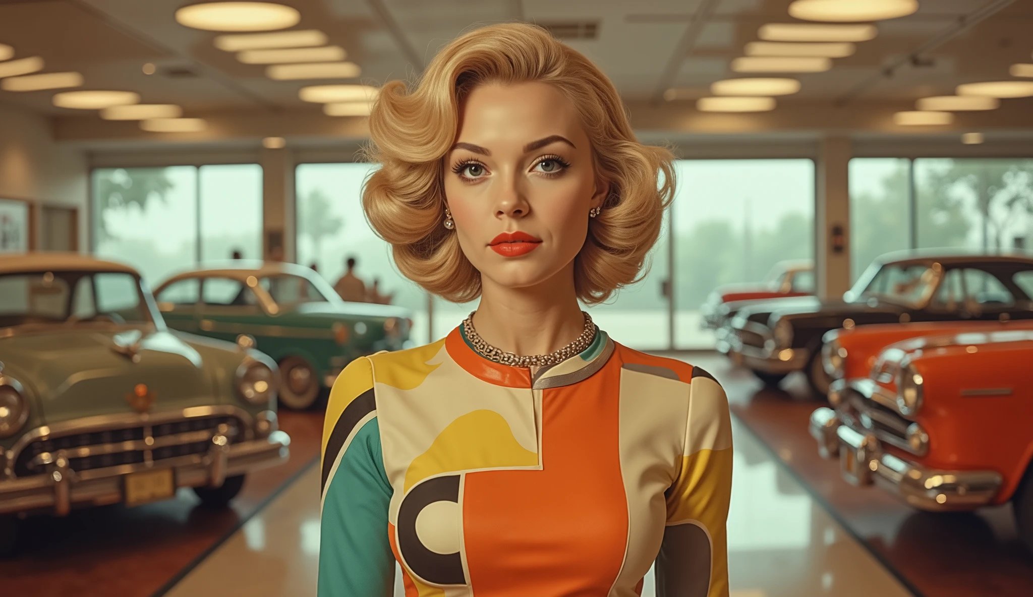 a retro-futuristic blonde woman in a colorful geometric-patterned dress, styled in classic 1950s curls, posing confidently at a vintage car showroom, shiny floors and chrome details, soft lighting with nostalgic tones, cinematic framing